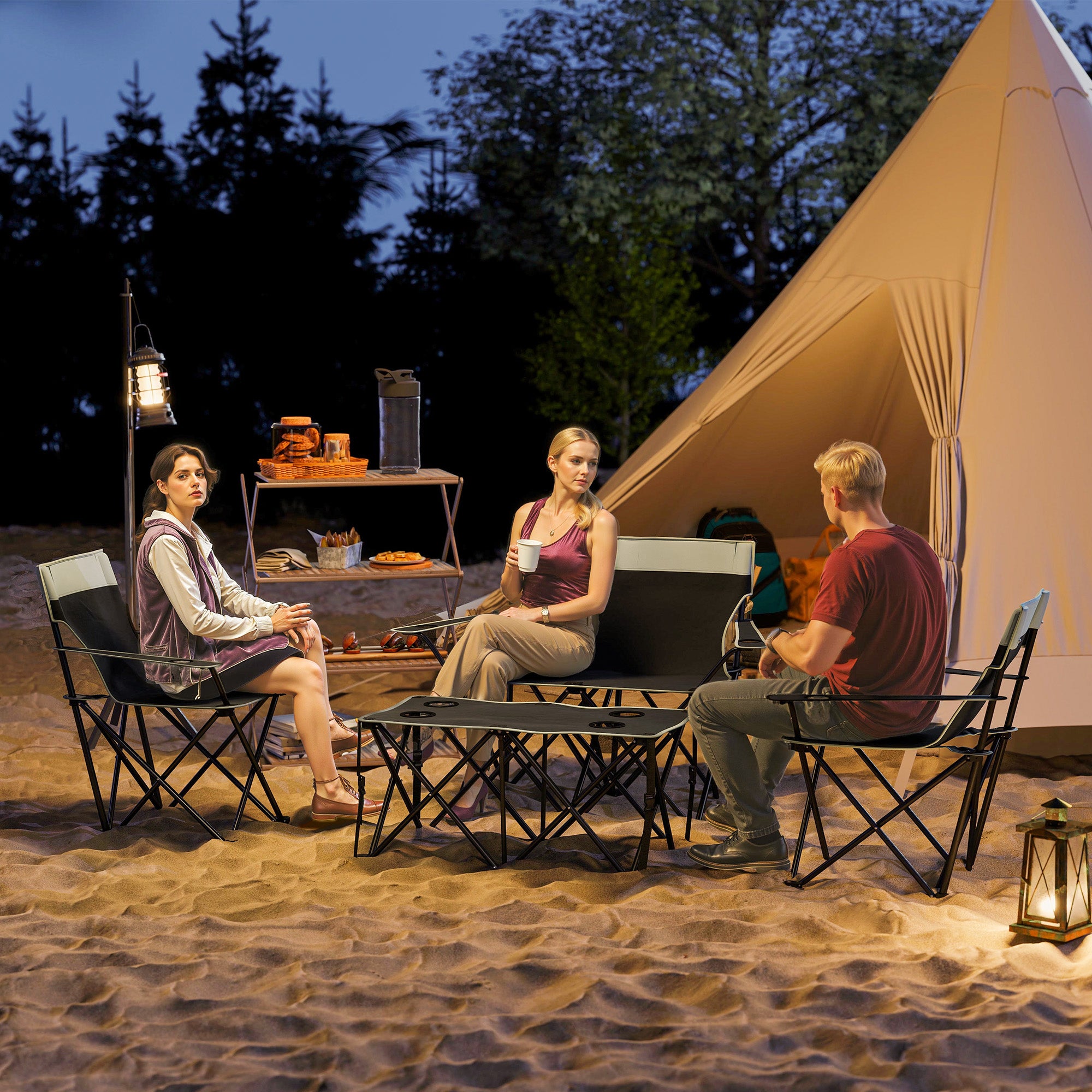 Four-Piece Portable Picnic Table Set with Cup Holders - Grey