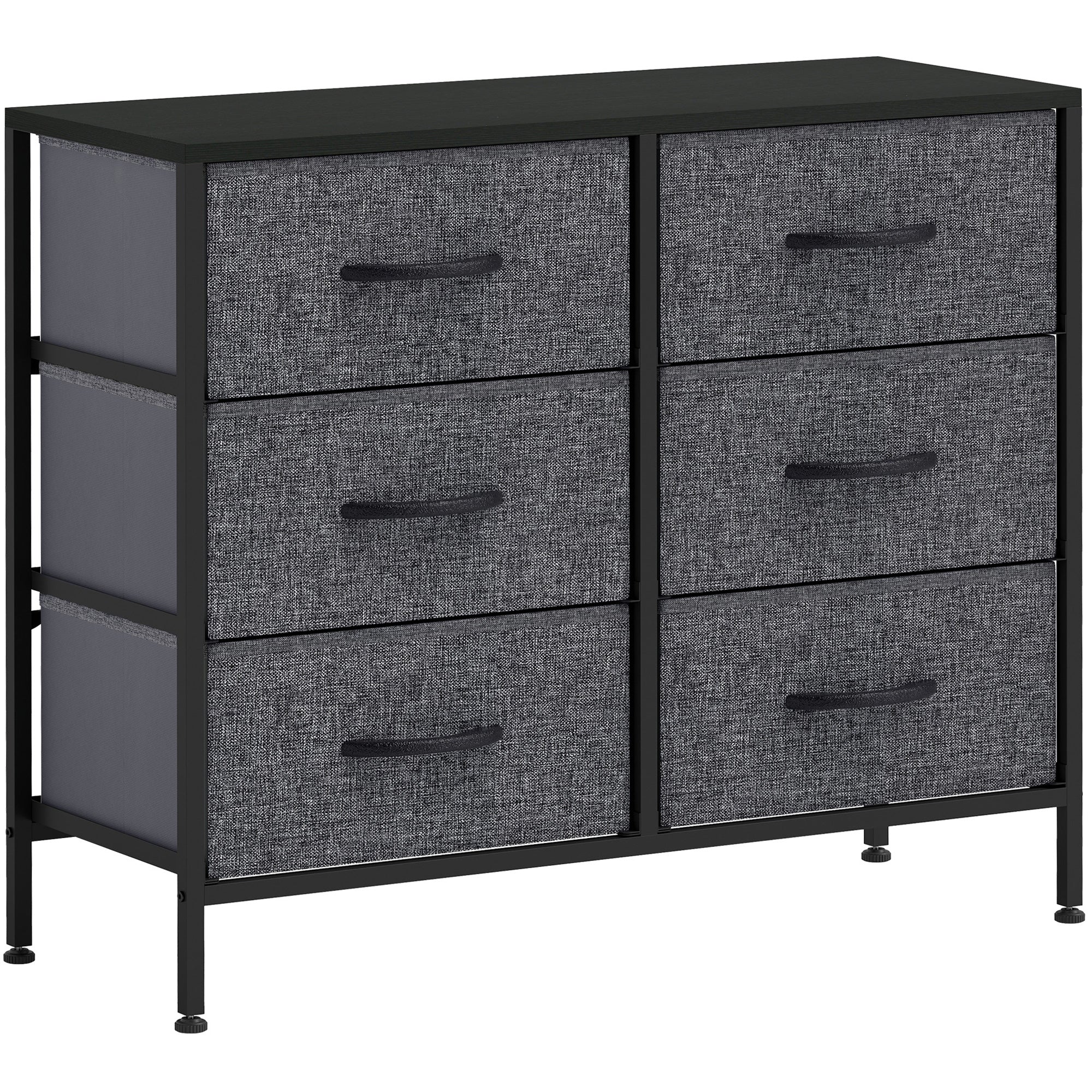 Industrial Fabric Chest of Drawers with 6 Storage Drawers, Steel Frame & Wooden Top - Black