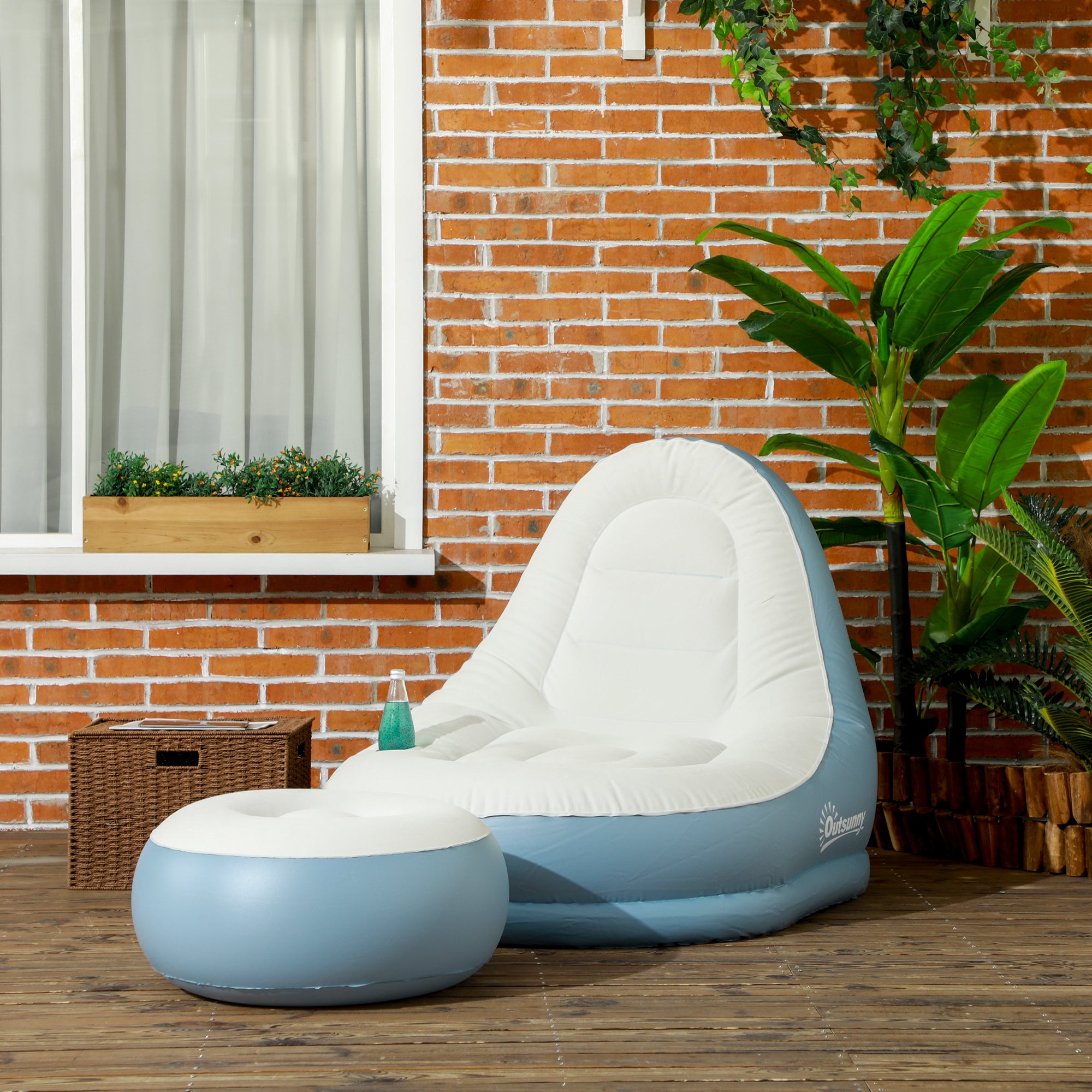 Comfortable Inflatable Tub Chair with Footstool and Cup Holder - Blue/White