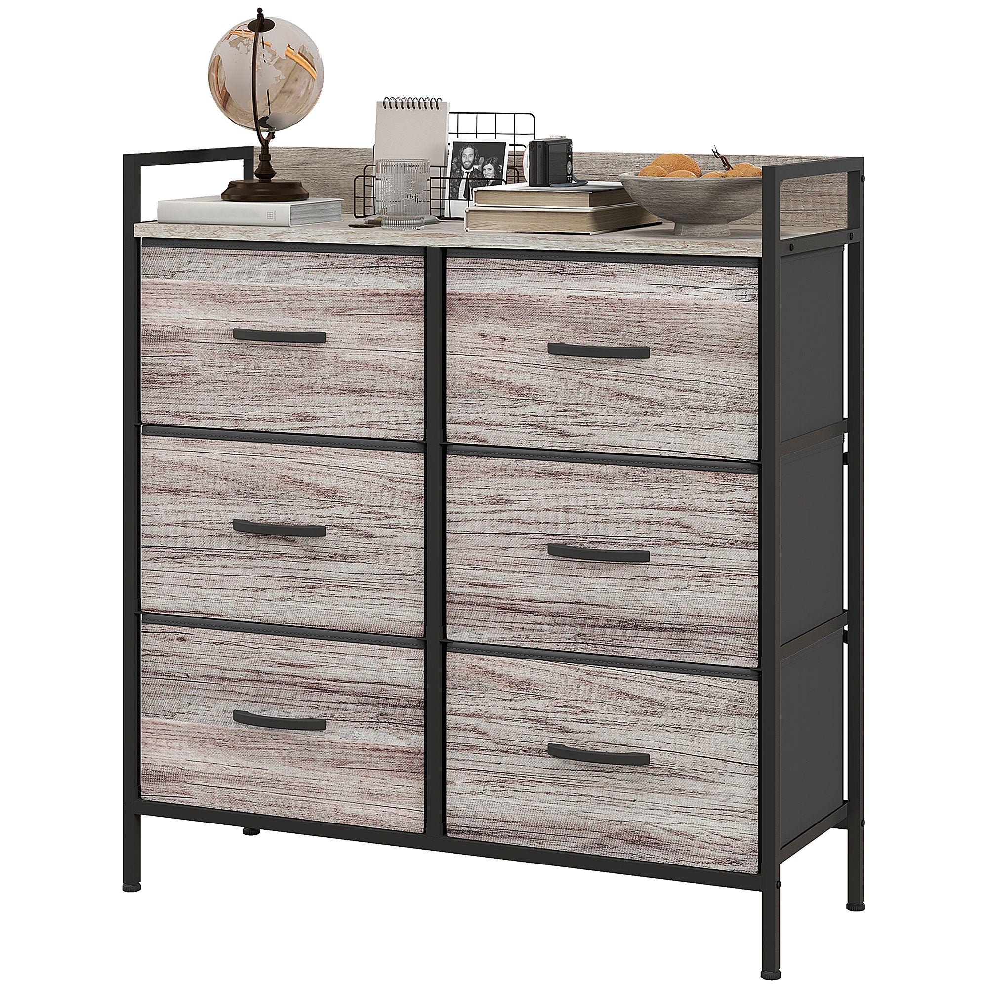 Rustic Chest of Six Fabric Drawers with Steel Frame - Grey Wood Effect