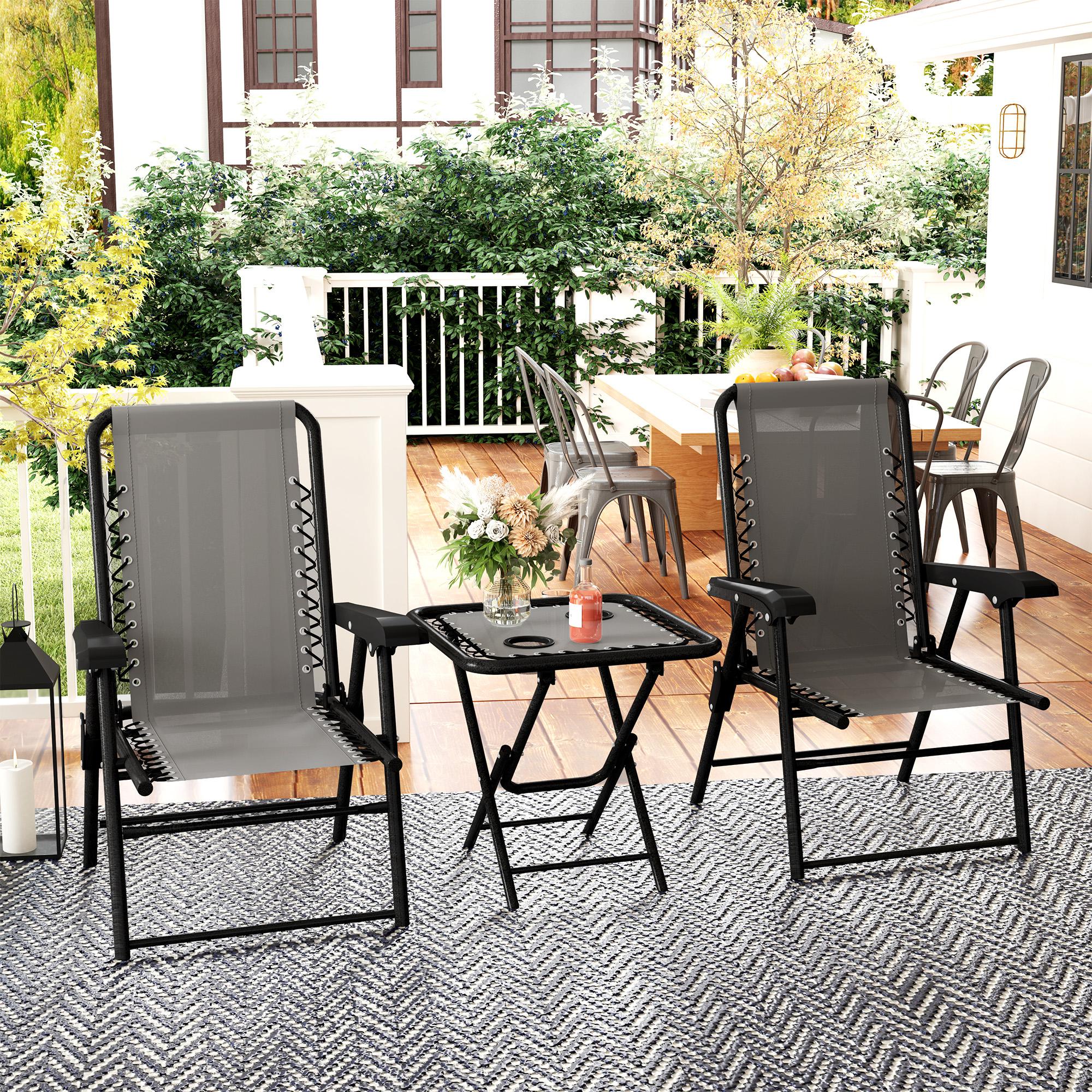 3 Piece Folding Garden Table and Chair Set with Texteline Fabric - Dark Grey