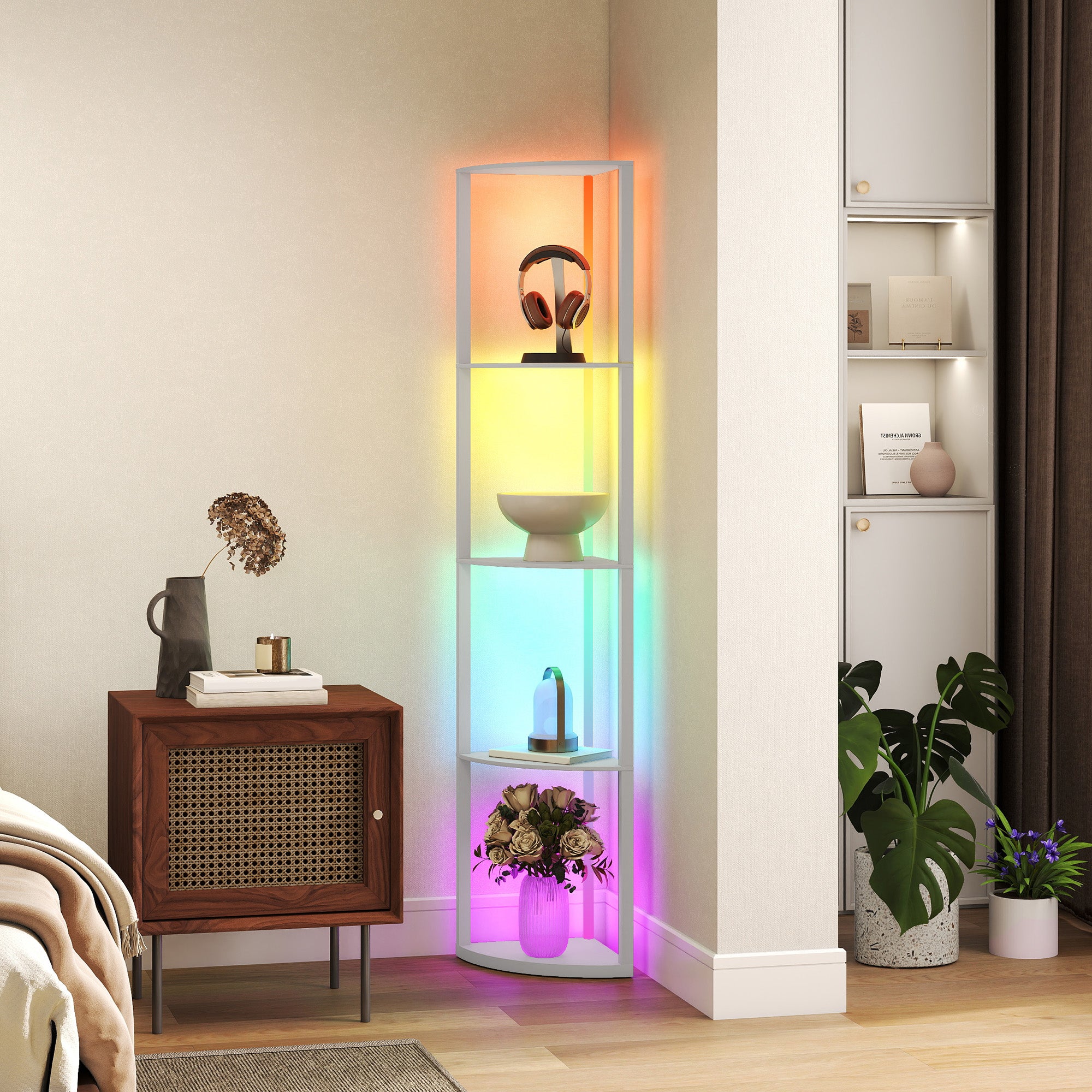 RGB LED Floor Lamp with Shelves, 5-Tier Dimmable Standing Lamp with Adjustable Brightness and Remote Control, Modern Corner Display Shelf Unit for Living Room Bedroom Office, Grey