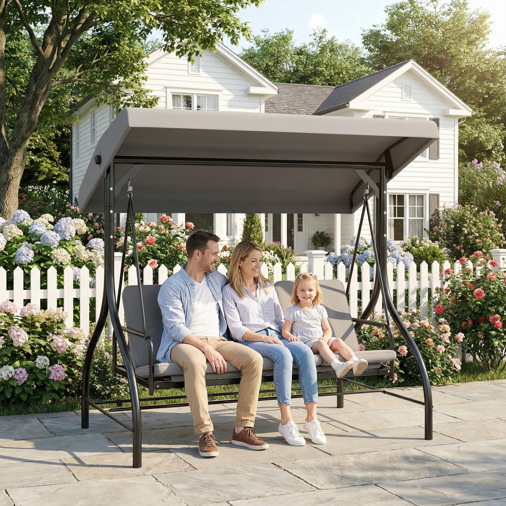 3 Seater Canopy Swing Chair, 2 in 1 Garden Swing Seat Bed, with Adjustable Canopy and Metal Frame, Light Grey