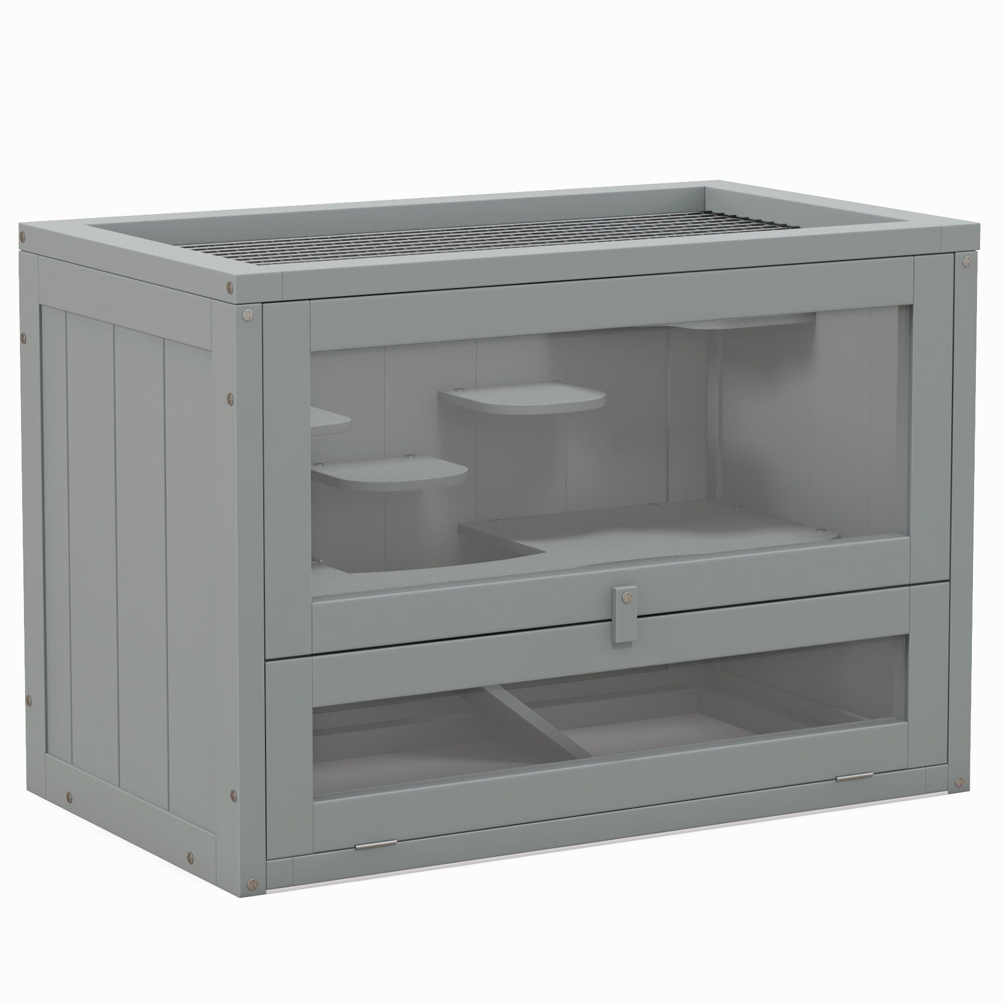 Wooden Hamster Cage Small Animals Hutch with Ramp 60x35x42cm - Grey