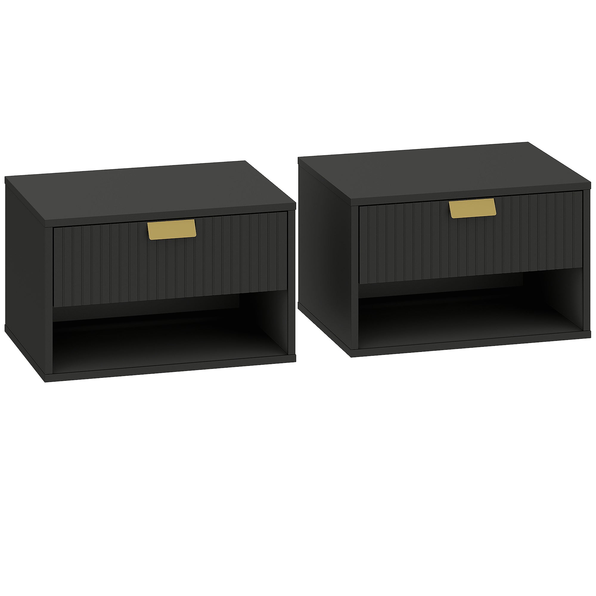 Set of 2 Wall Mounted Nightstands, Floating Bedside Tables with Fluted Drawer and Open Shelf for Small Bedroom, Black