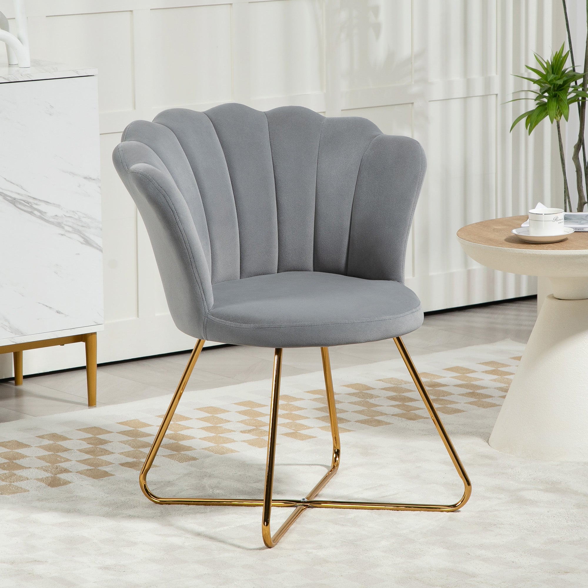 Velvet-Feel Lotus Petal Accent Chair with Steel Legs - Grey