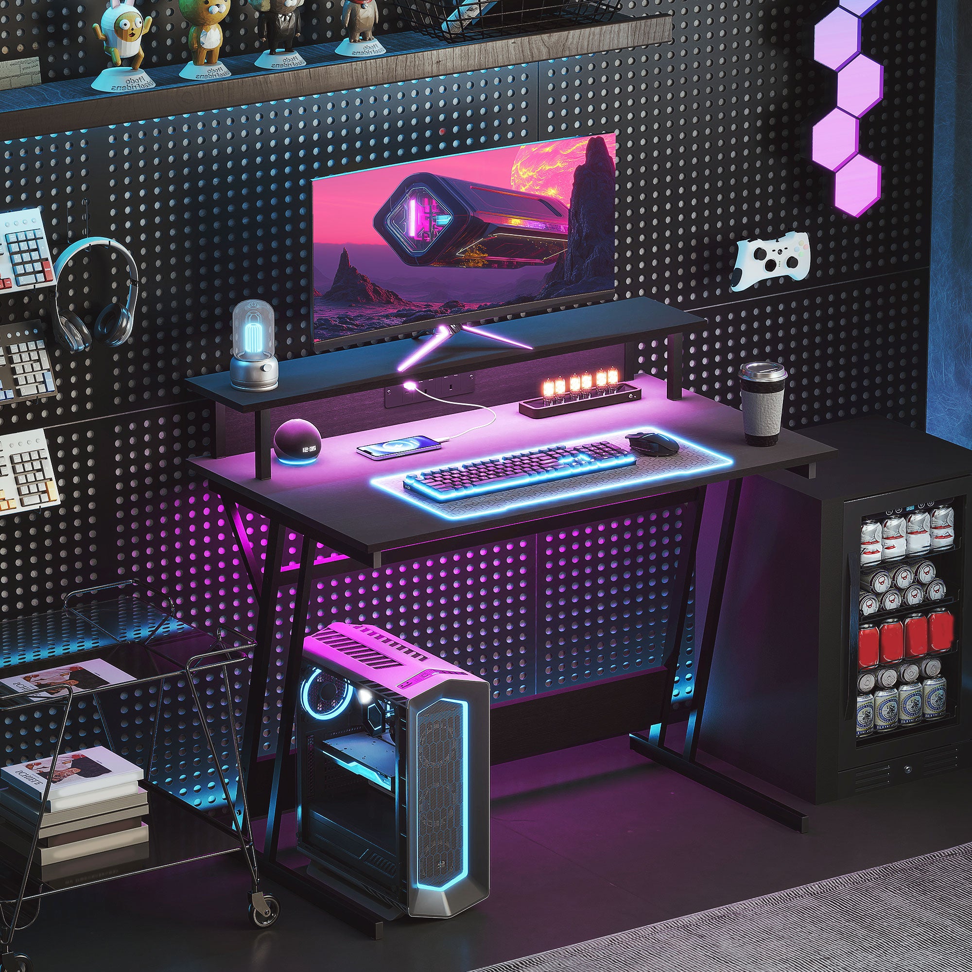 Gaming Desk with LED Lights and Power Outlets, 100 x 60cm Z Shaped Computer Desk with Monitor Stand and Steel Frame, PC Gaming Table for Home Office, Black