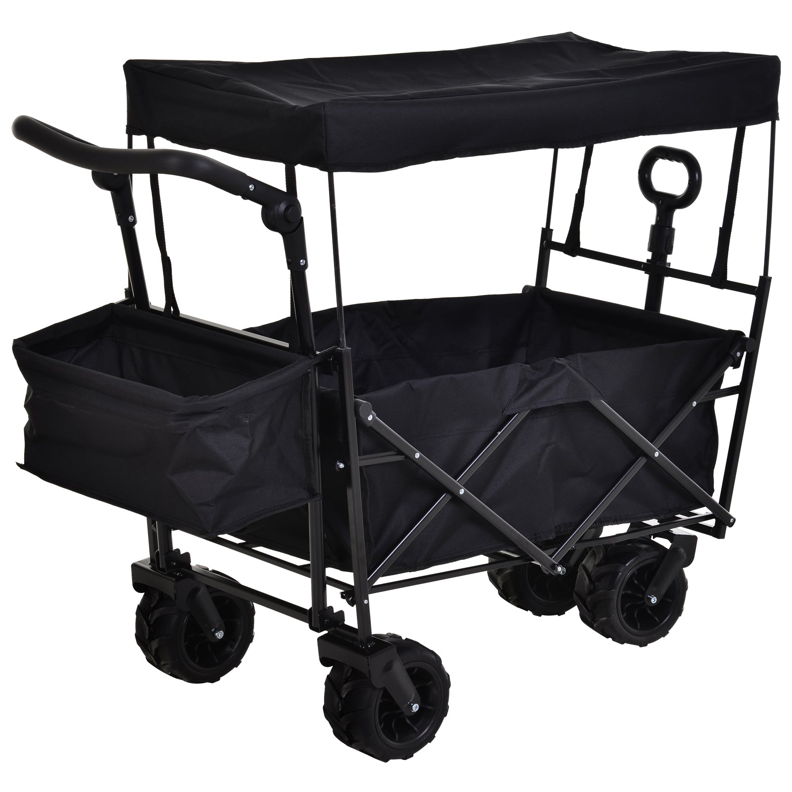 Folding Trolley Cart Storage Wagon Beach Trailer 4 Wheels with Handle Overhead Canopy Cart Push Pull For Shopping Camping Garden - Black