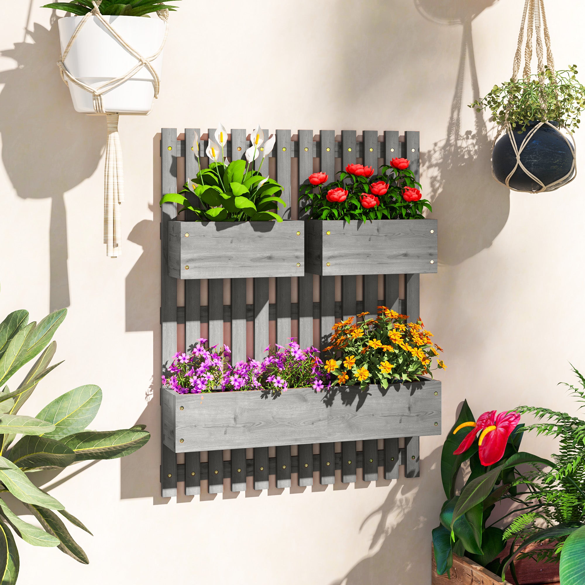 Set of 3 Wooden Wall-Mounted Garden Planters with Trellis Grey