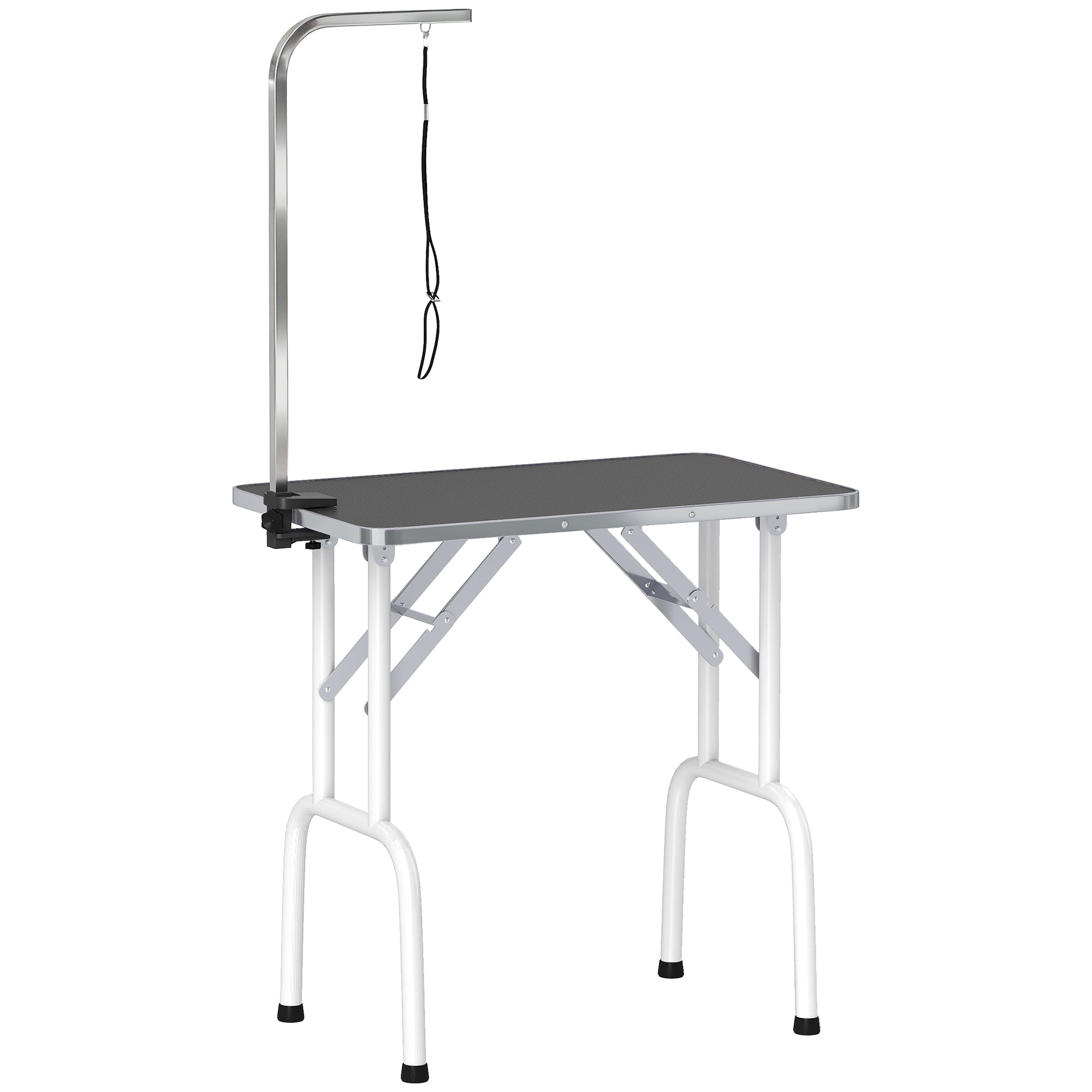 32" Foldable Dog Grooming Table Pet Drying Beauty Table Adjustable Fixed Arm Rubber Top, Black