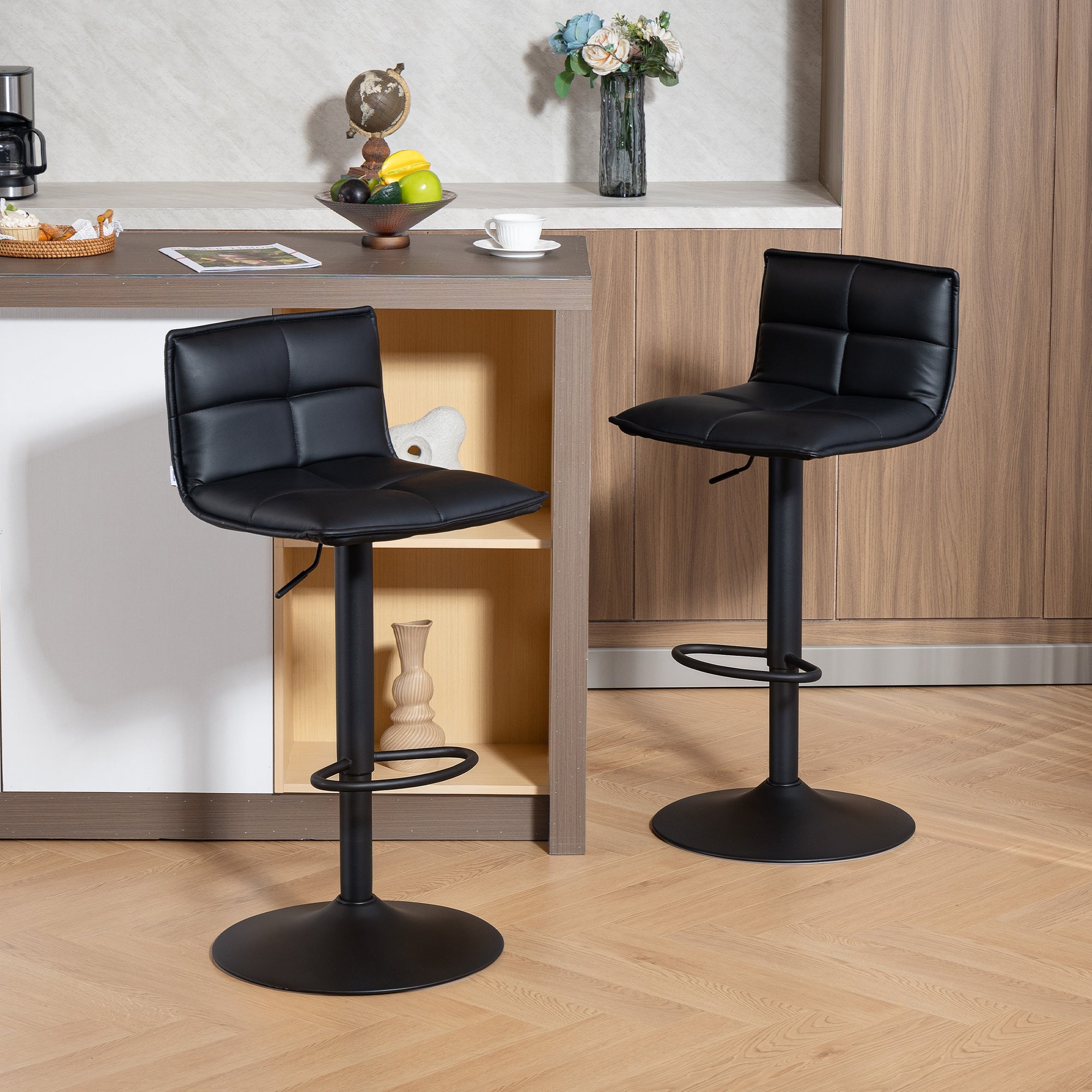 Set of Two Modern Faux Leather Bar Stools - Black