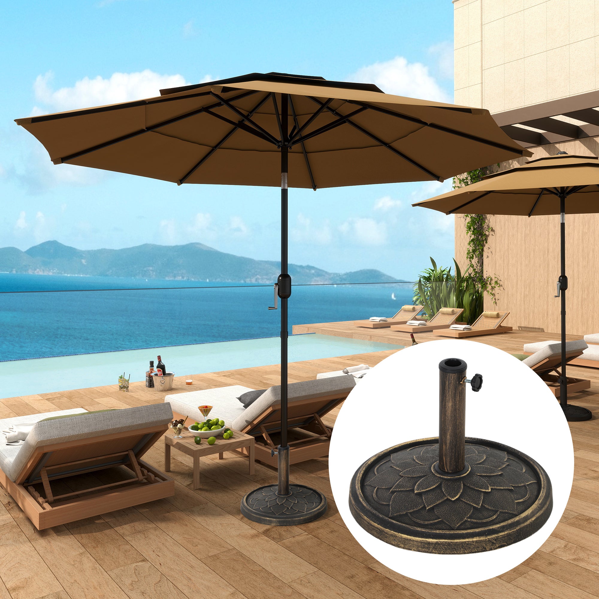 12kg Heavy Duty Resin Garden Parasol Base with Retro Lotus Design - Bronze Tone