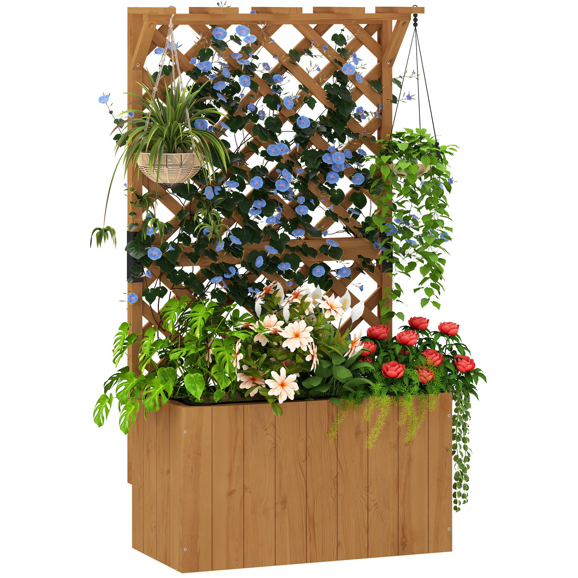 Freestanding Wooden Planter with Trellis and Liner - Natural
