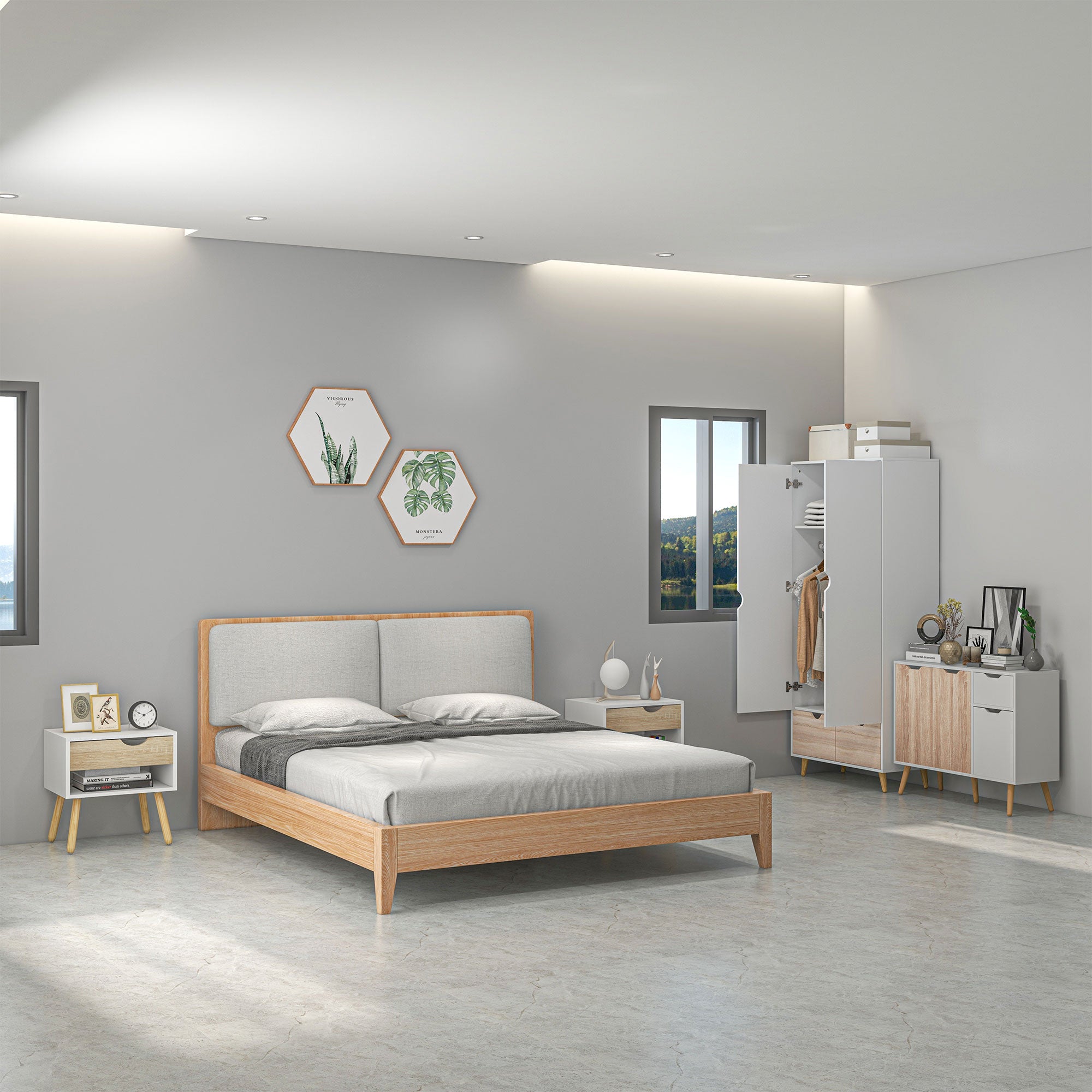Complete Bedroom Furniture Set with Modern Design - Nature Wood Finish and White