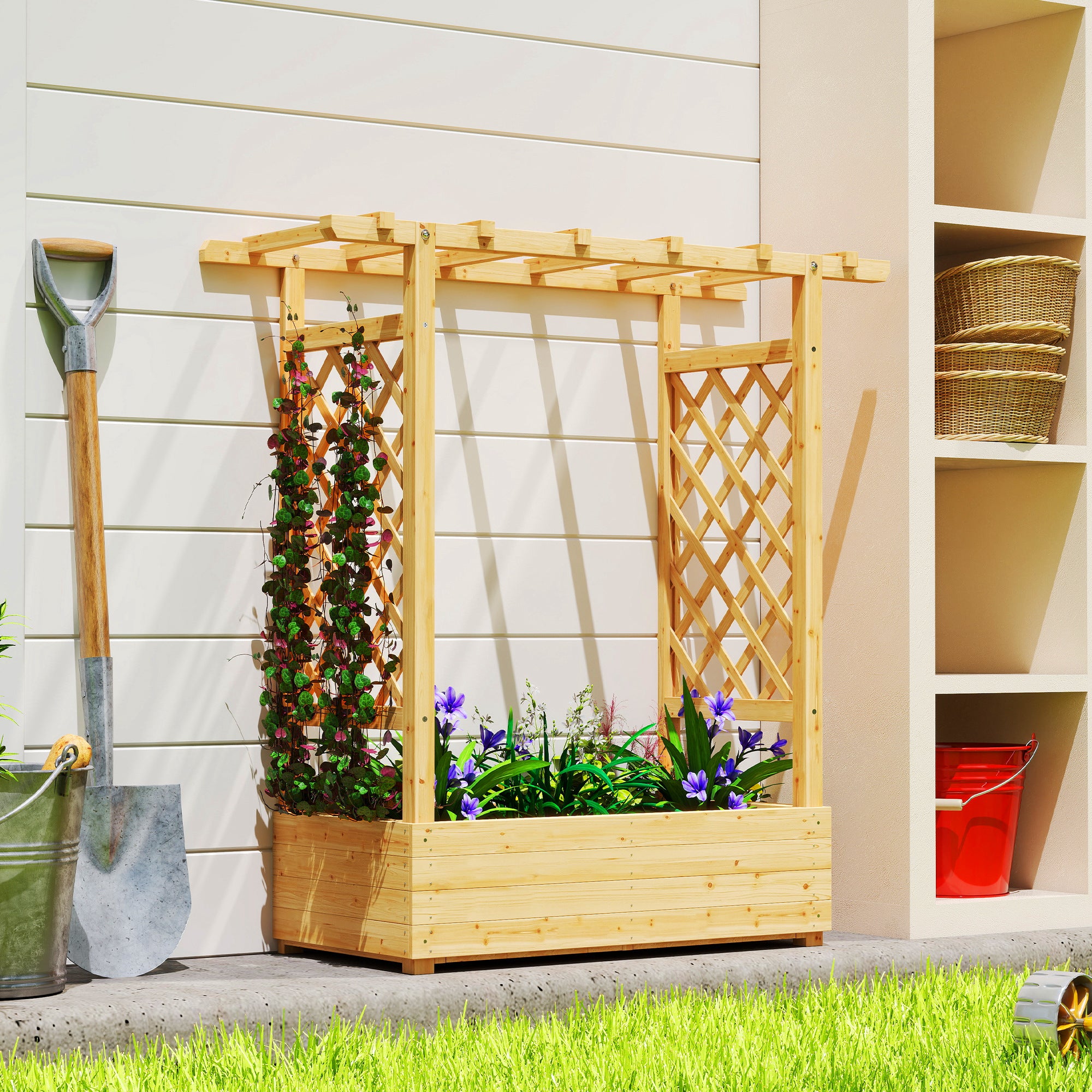 Garden Planter with Trellis, Wooden Raised Bed for Garden with Hanging Roof and Drainage Holes, Outdoor Trellis Planter Box for Vegetables, Herbs and Flowers, 110 x 44 x 113 cm, Natural