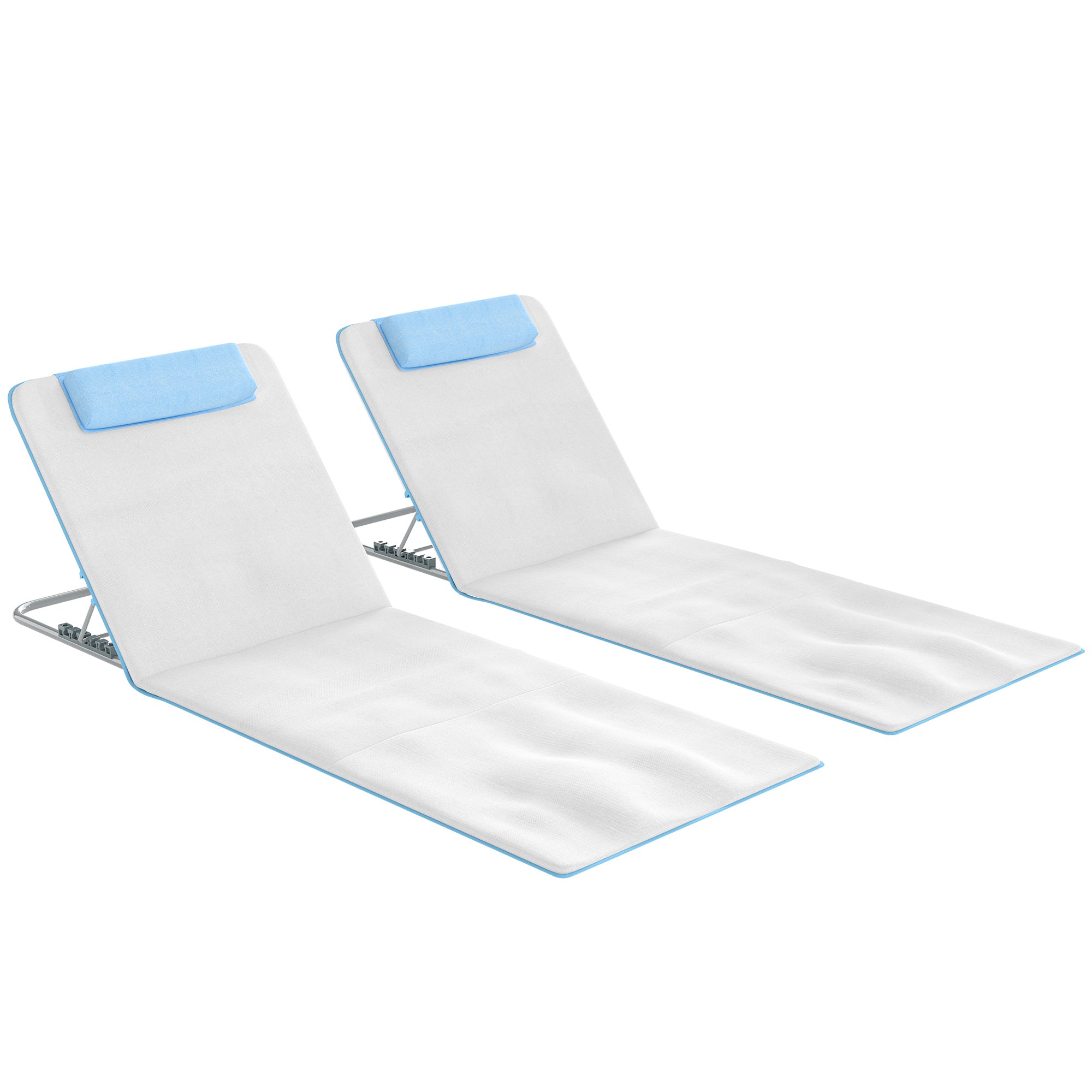 Set of 2 Foldable Garden Beach Chair Mat, Lightweight Outdoor Sun Lounger Seats with Adjustable Back, Metal Frame, PE Fabric Head Pillow and Carry Bag, Cream White