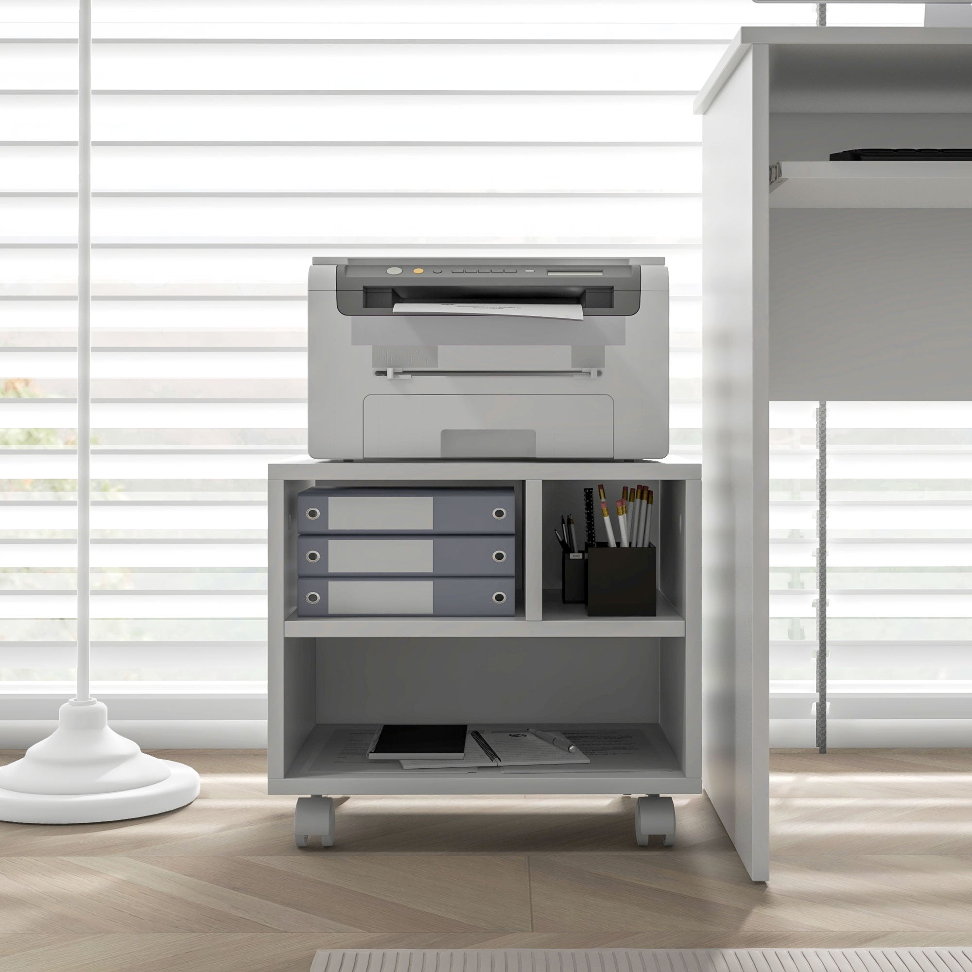 Three-Compartment Printer Cabinet, with Wheels - White