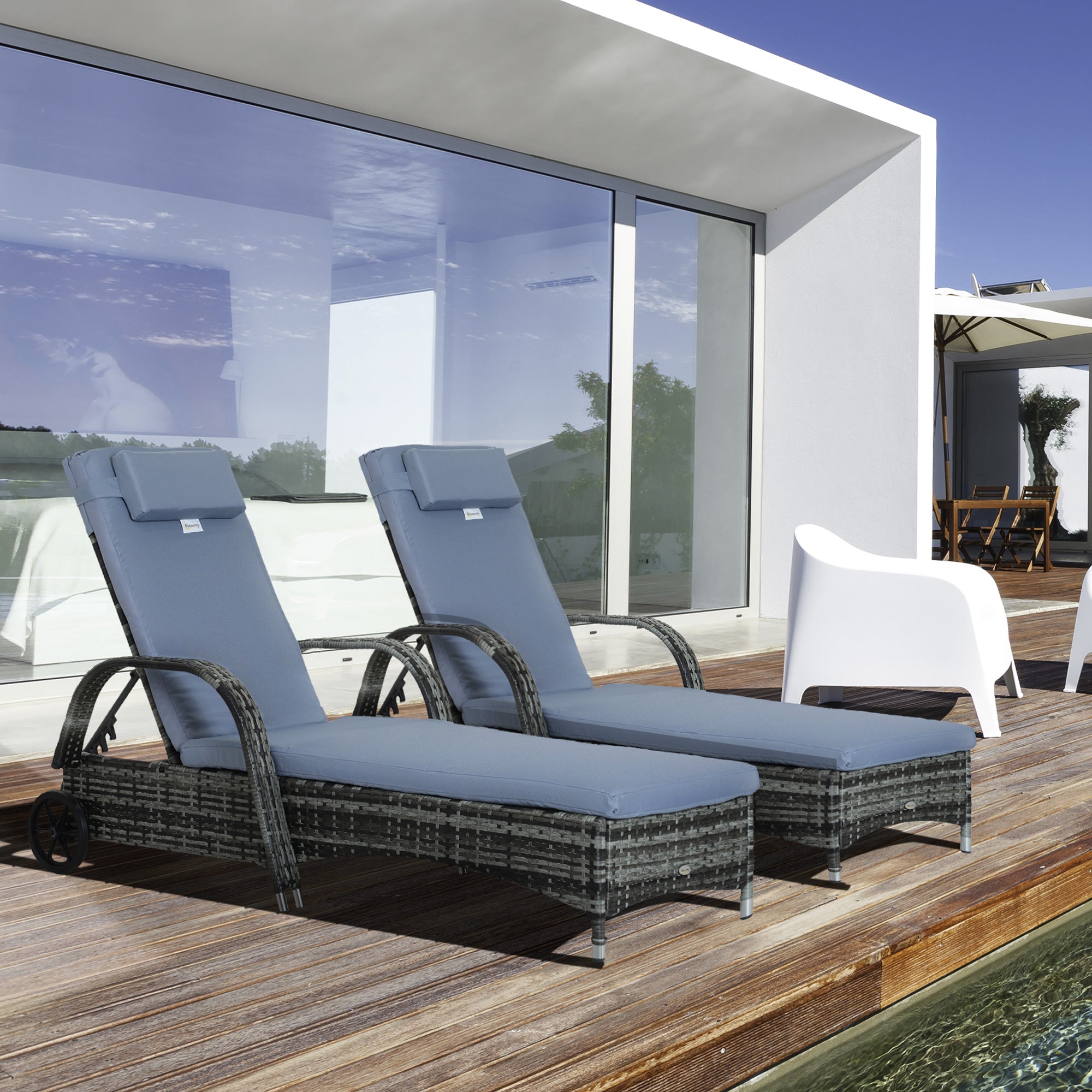 2PC Rattan Sun Lounger Recliner Bed Reclining Chair Patio Garden Outdoor Wicker Weave Adjustable Headrest with Fire Retardant Cushion €“ Grey