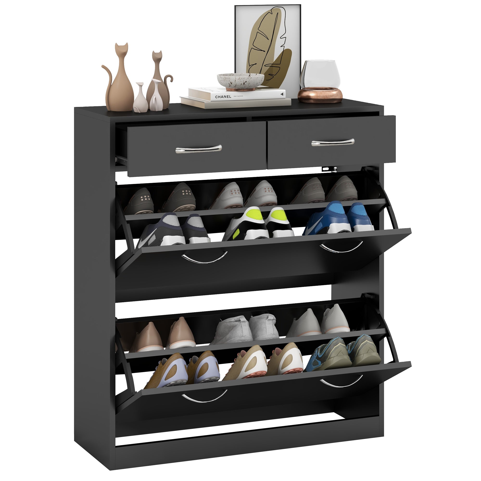 Narrow Shoe Storage Cabinet with 2 Flip Drawers & Adjustable Shelves for 12 Pairs - Black