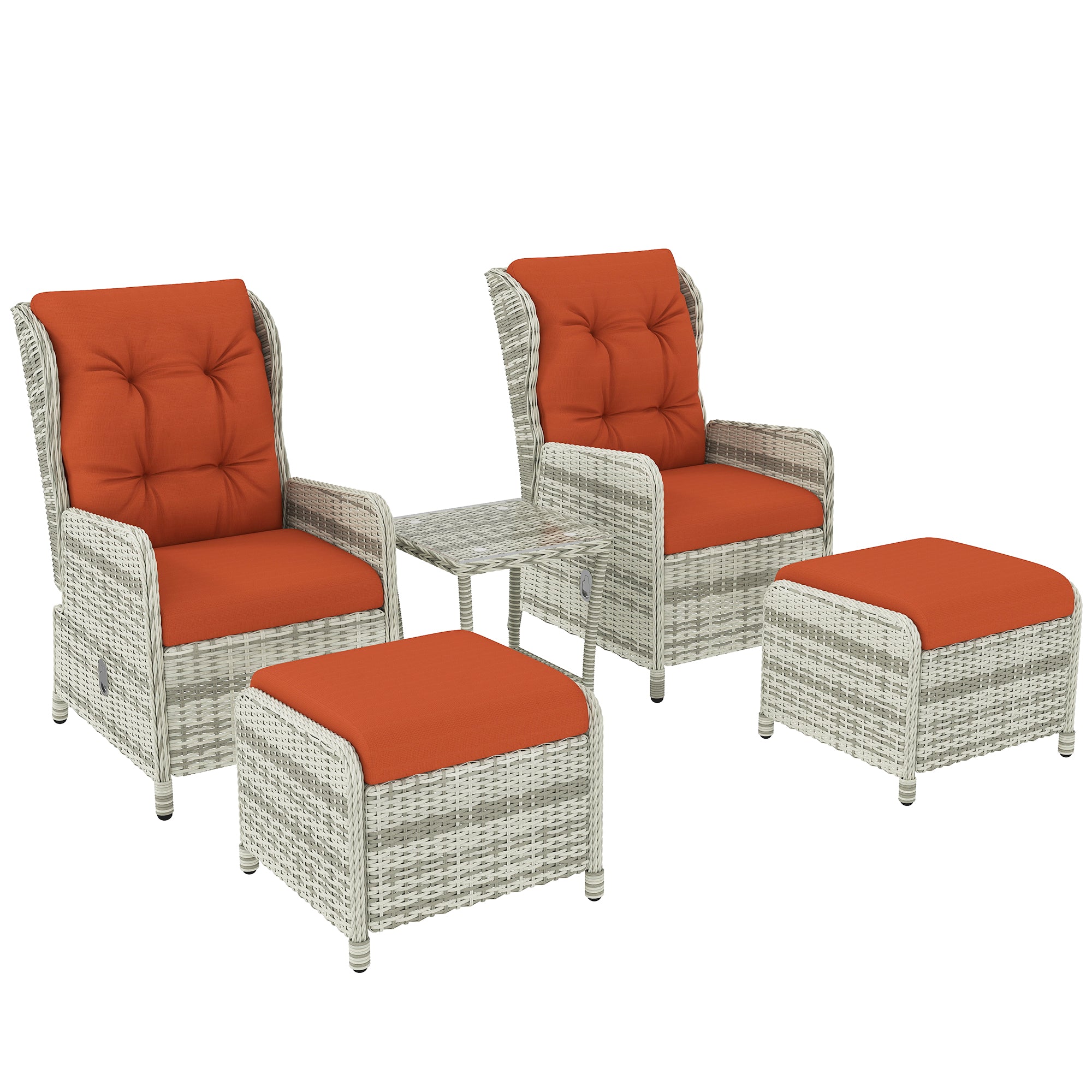 5 Piece Rattan Bistro Set with Cushions and Glass Table Top - Orange