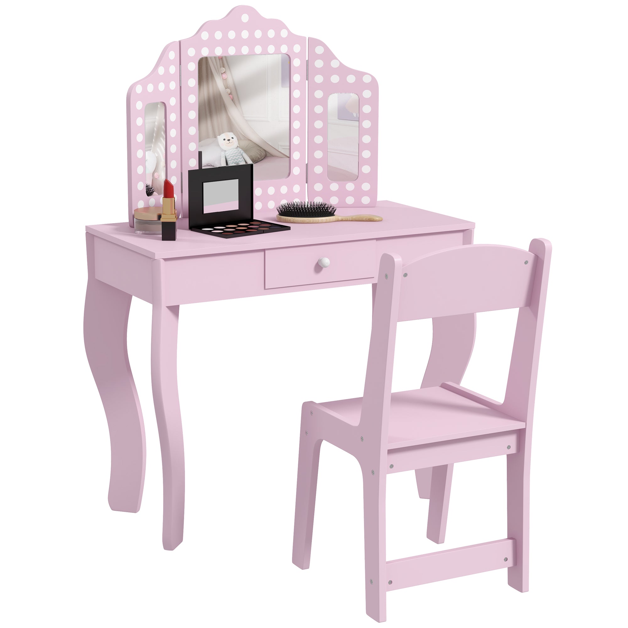 3 Piece Kids Dressing Table Set with Stool and Tri-Fold Mirror - Pink