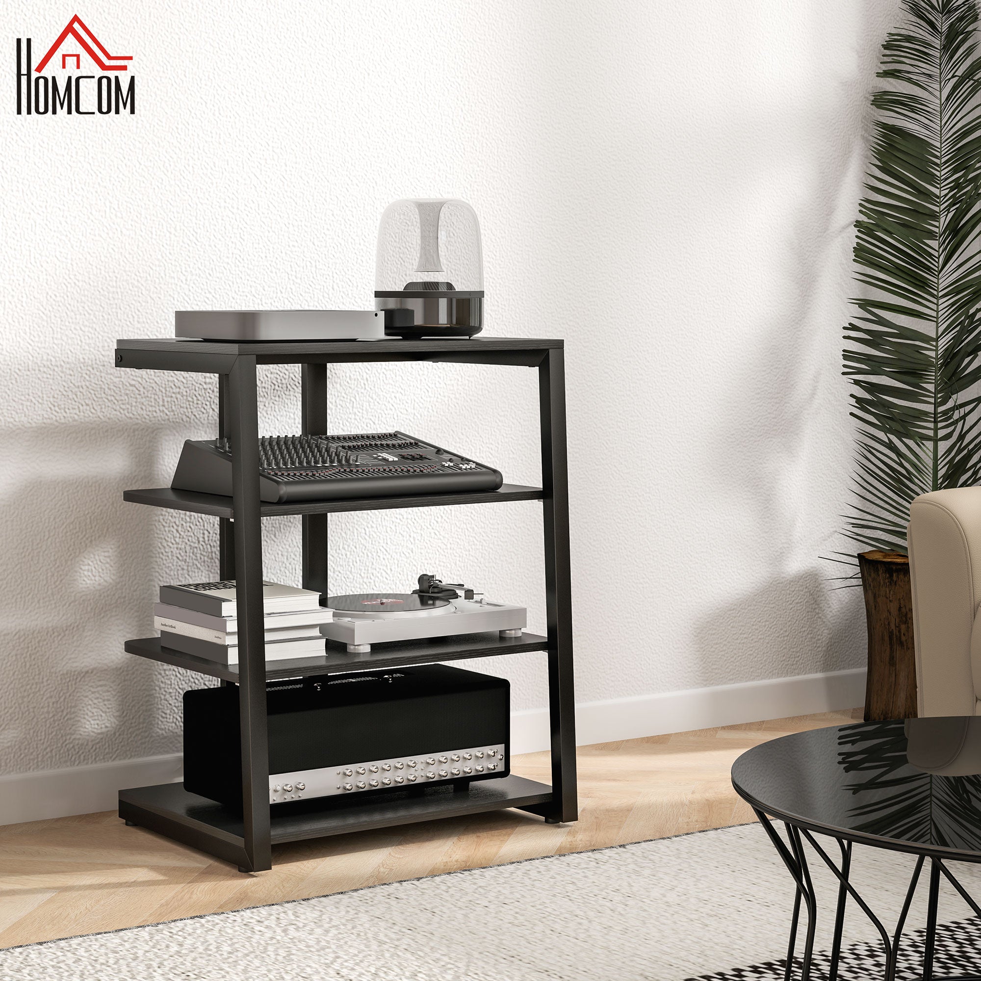 HiFi Stand with Four Adjustable Storage Shelves and Power Strip Rack - Black