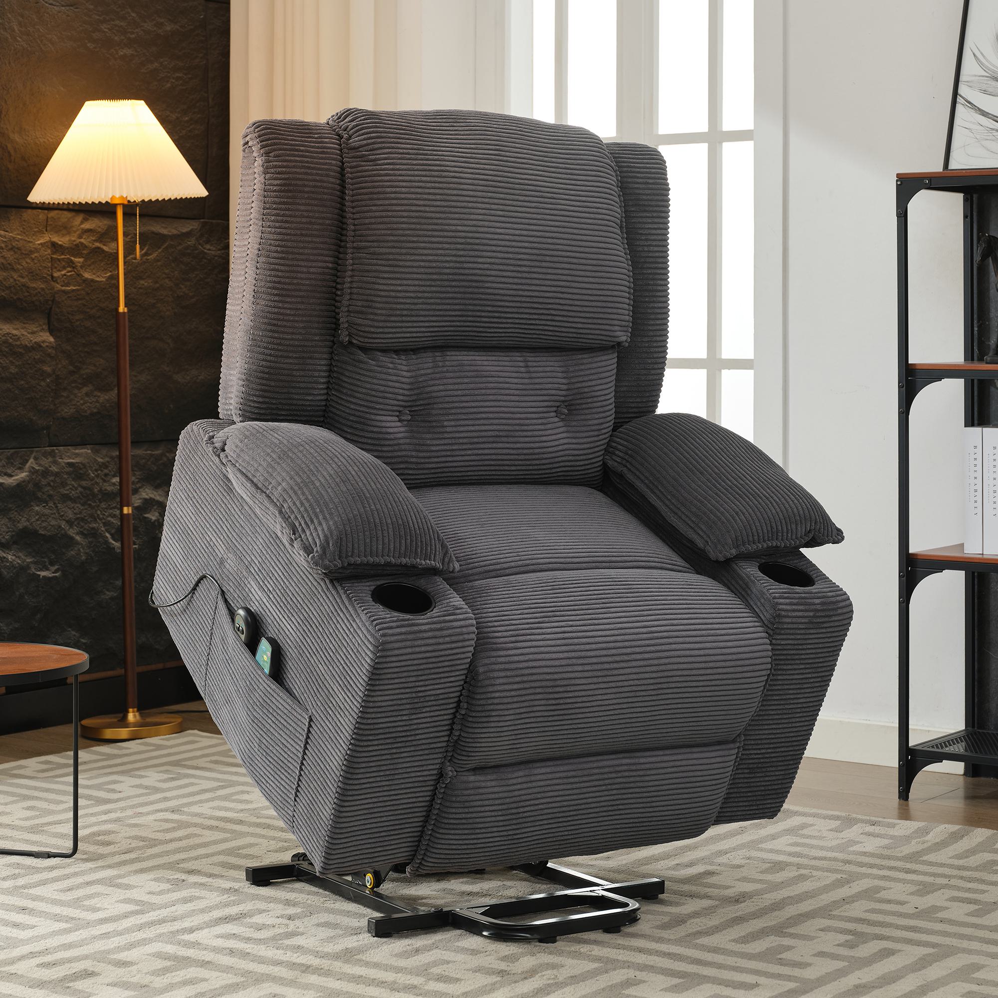 Power Lift Riser Recliner Chair with Heat, Massage and Cup Holders – Grey Fabric