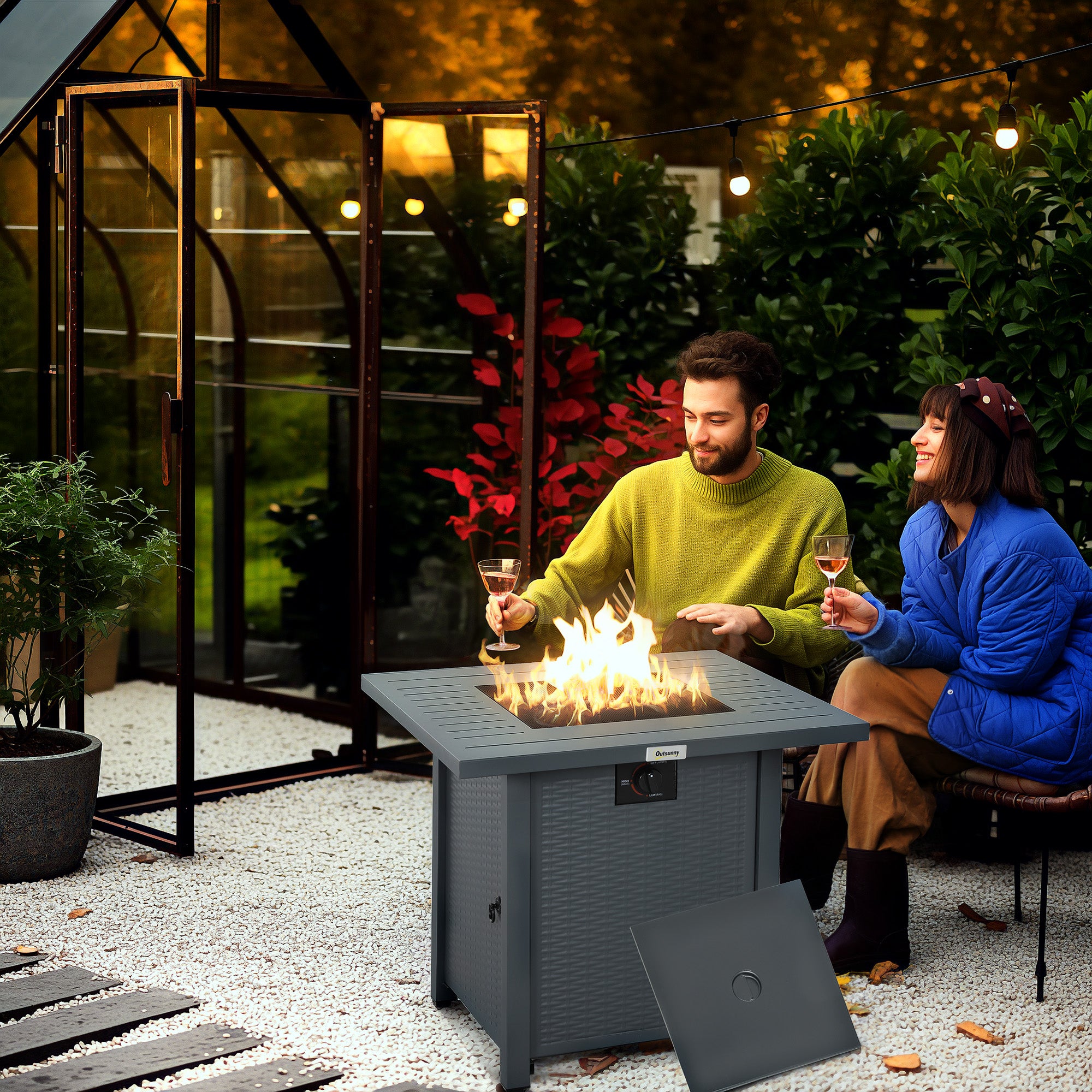 1 Piece Rattan Style Propane Fire Pit Table with 40000 BTU Burner - Grey