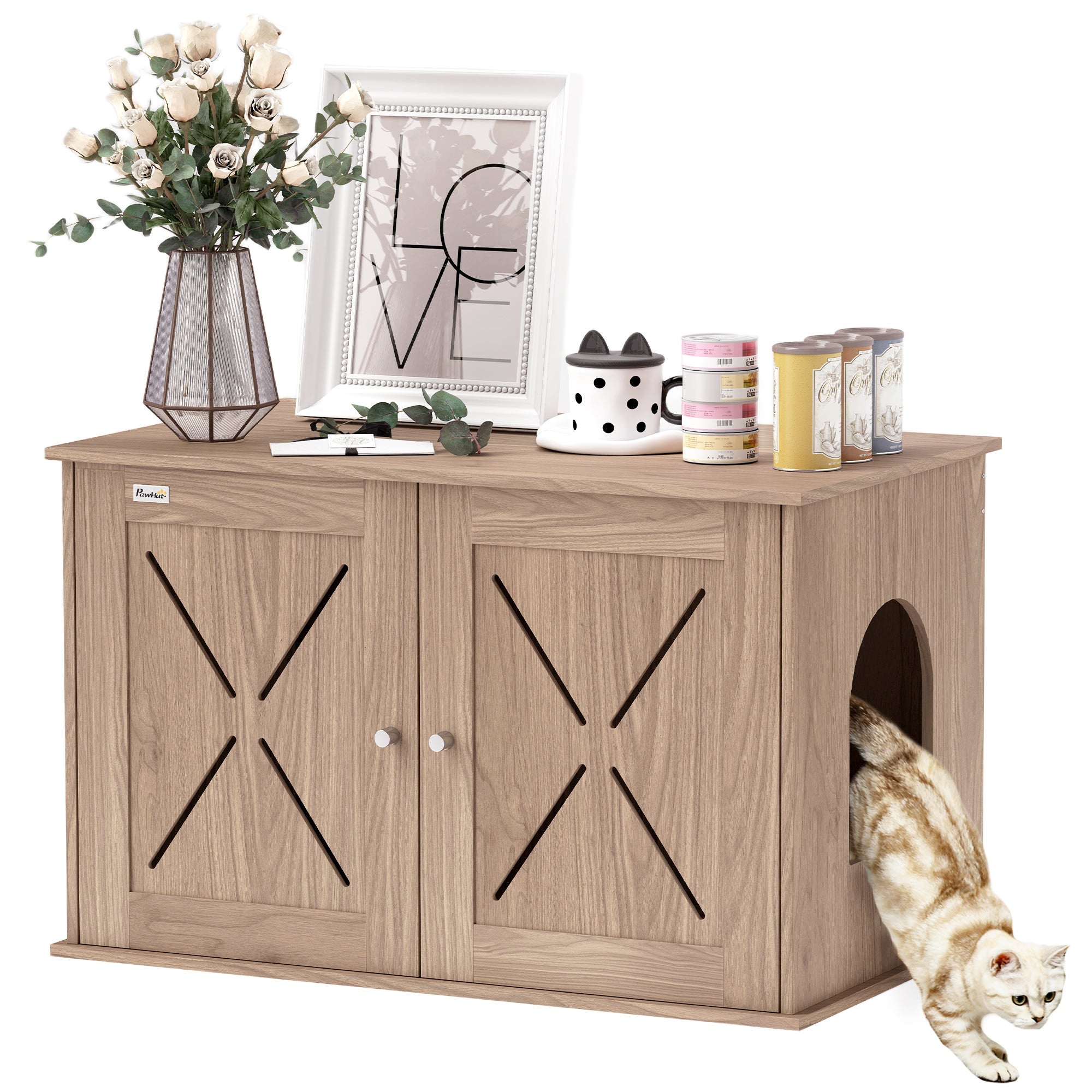 Cat Litter Box Enclosure with Double Doors and Side Entrance, Non-Slip Pads for Living Room, Walnut Brown