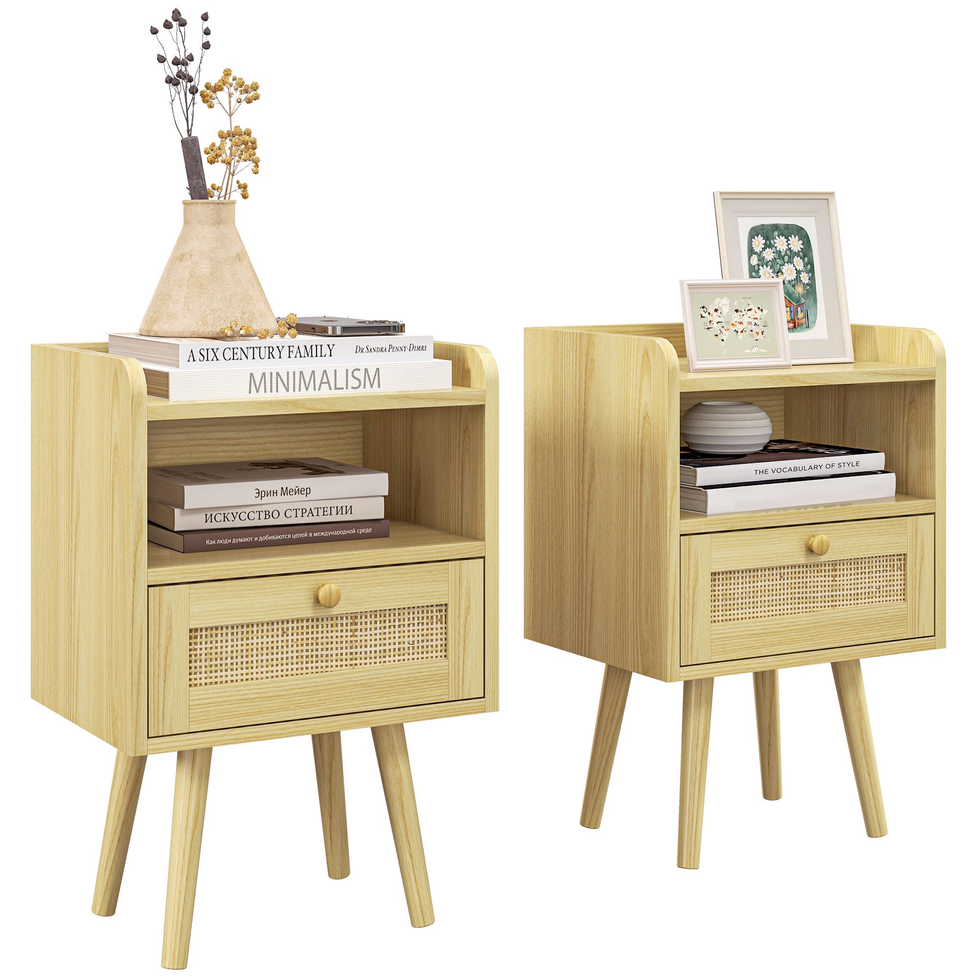 Set of 2 Rattan Weave Bedside Tables with Wood Effect Finish - Natural Wood