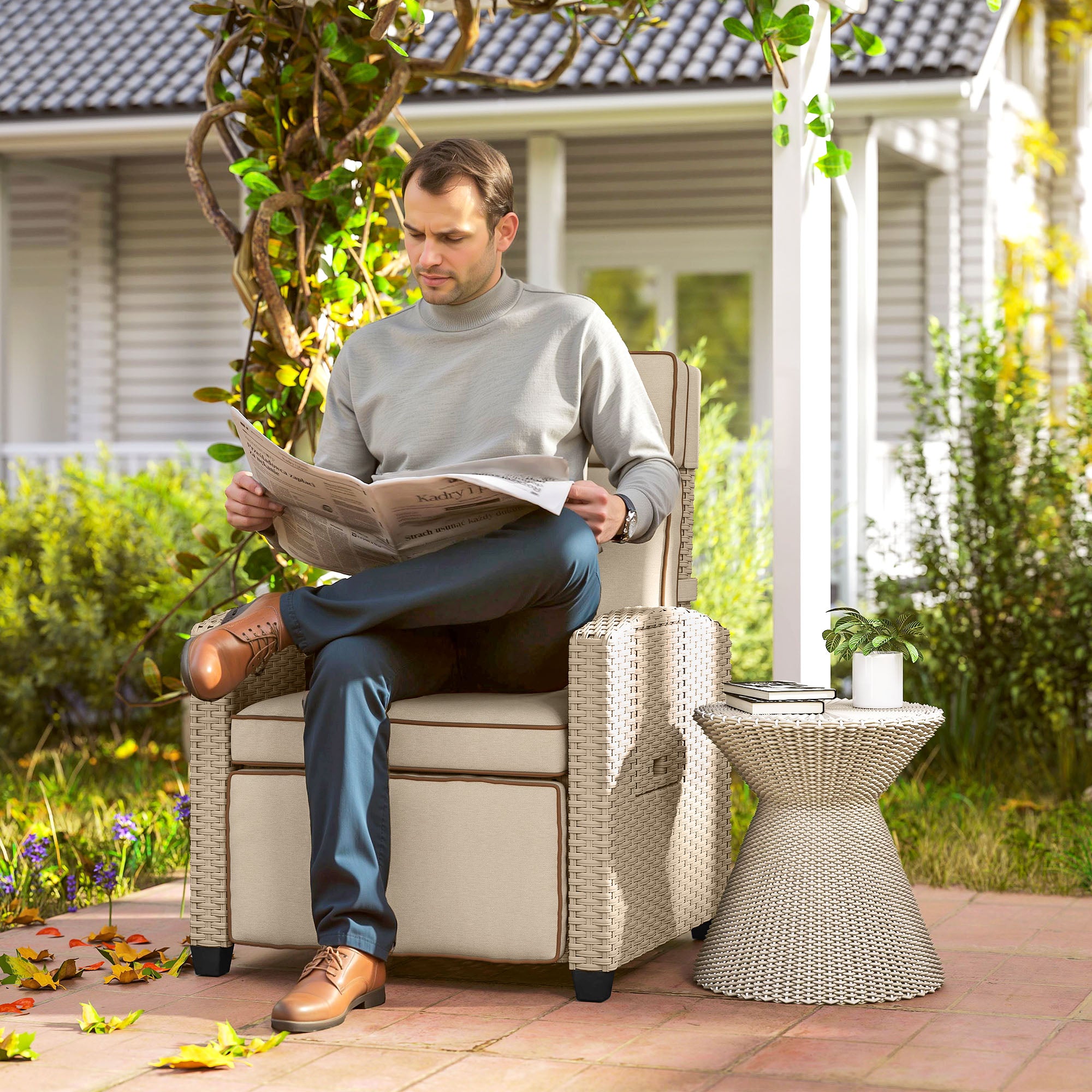 Adjustable Rattan Garden Recliner Chair with Cushion, Footrest & Flip Table - Khaki/Beige