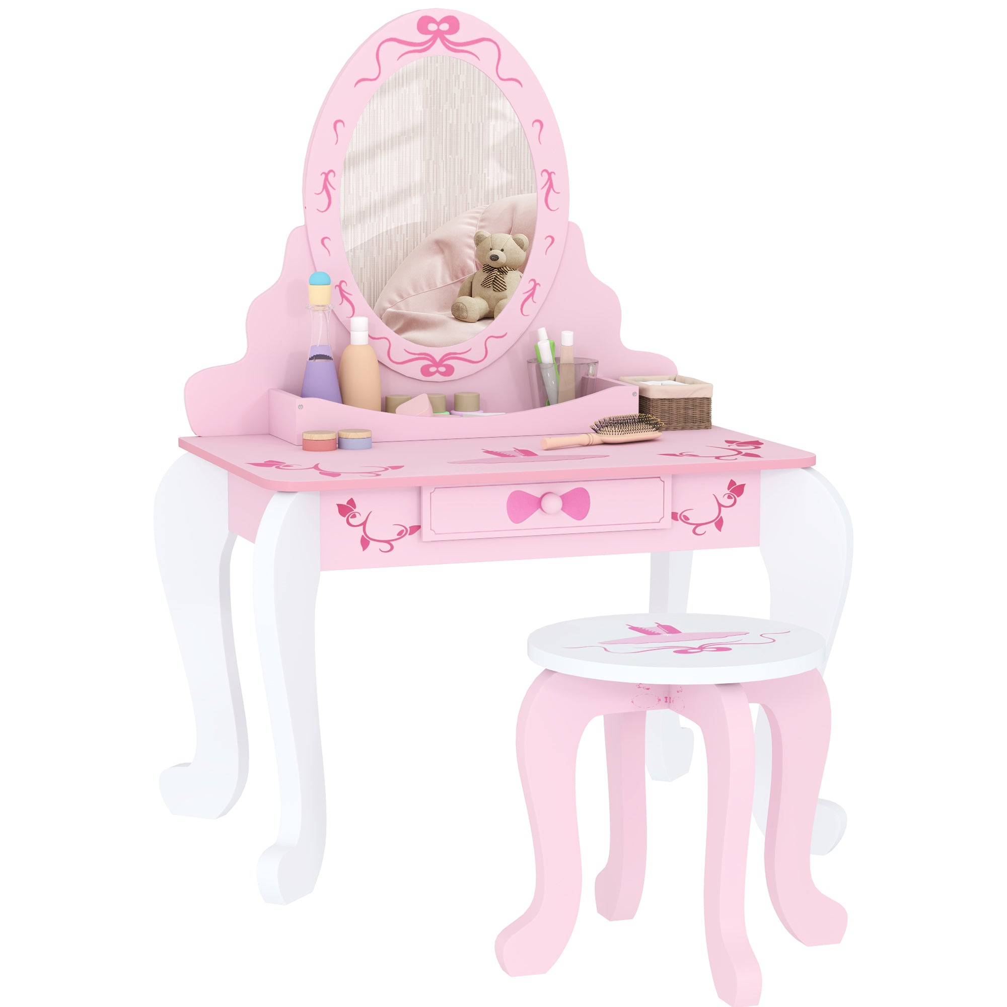 Kids Dressing Table Set with Stool and Mirror Pink Ballet Theme