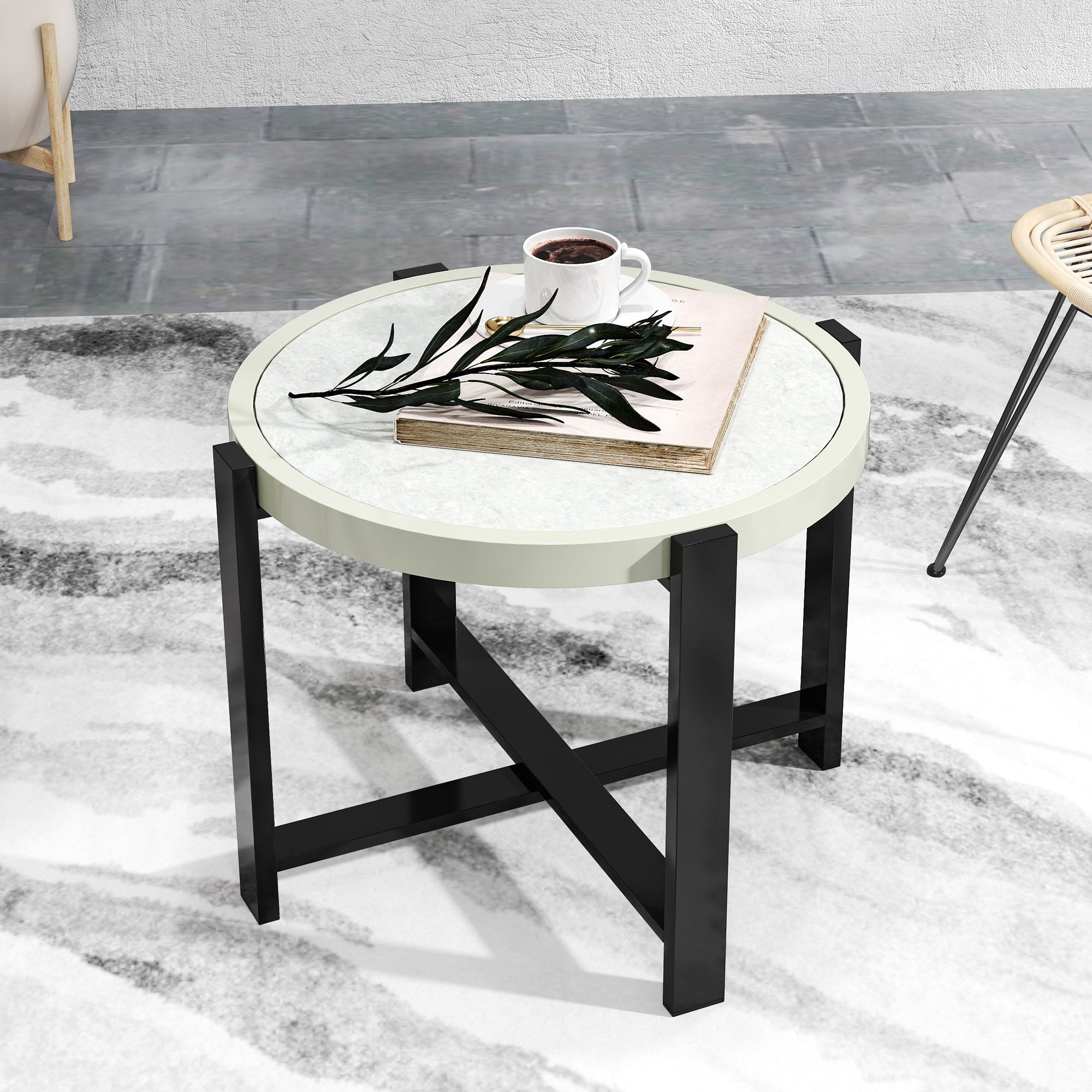 Round Small Garden Table, 60cm Outdoor Side Table with Faux Marble Tempered Glass Top, Aluminium Frame for Garden, Patio, Balcony, Light Grey