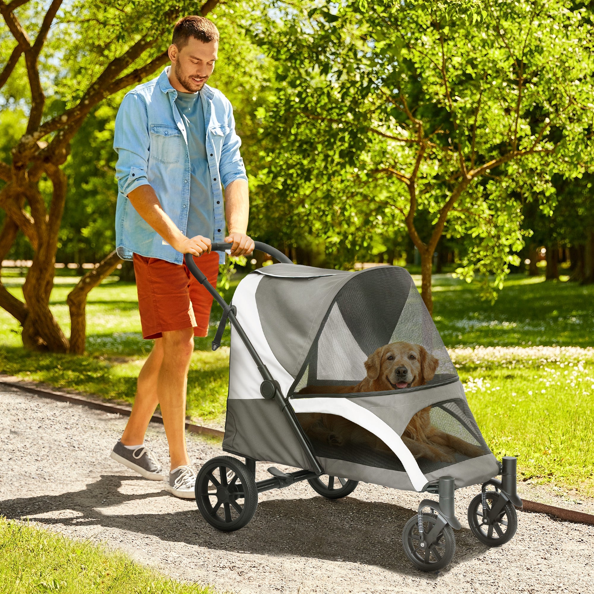 Easy Folding Large Dog Pet Stroller with Shock Absorb Frame, Safety Leashes & Brakes - Dark Grey