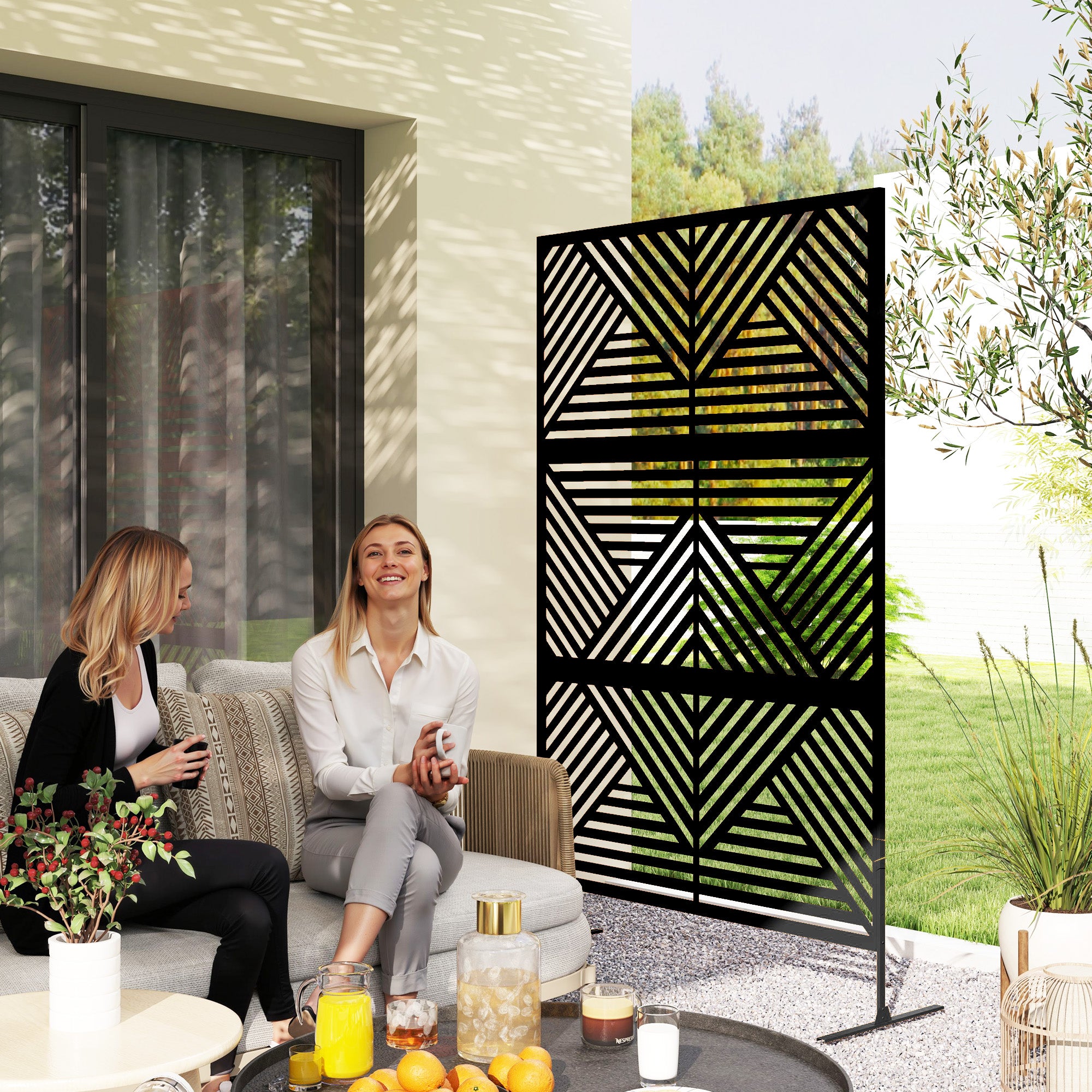 6.5FT Metal Outdoor Privacy Screen with Stand Rhombus Design - Black