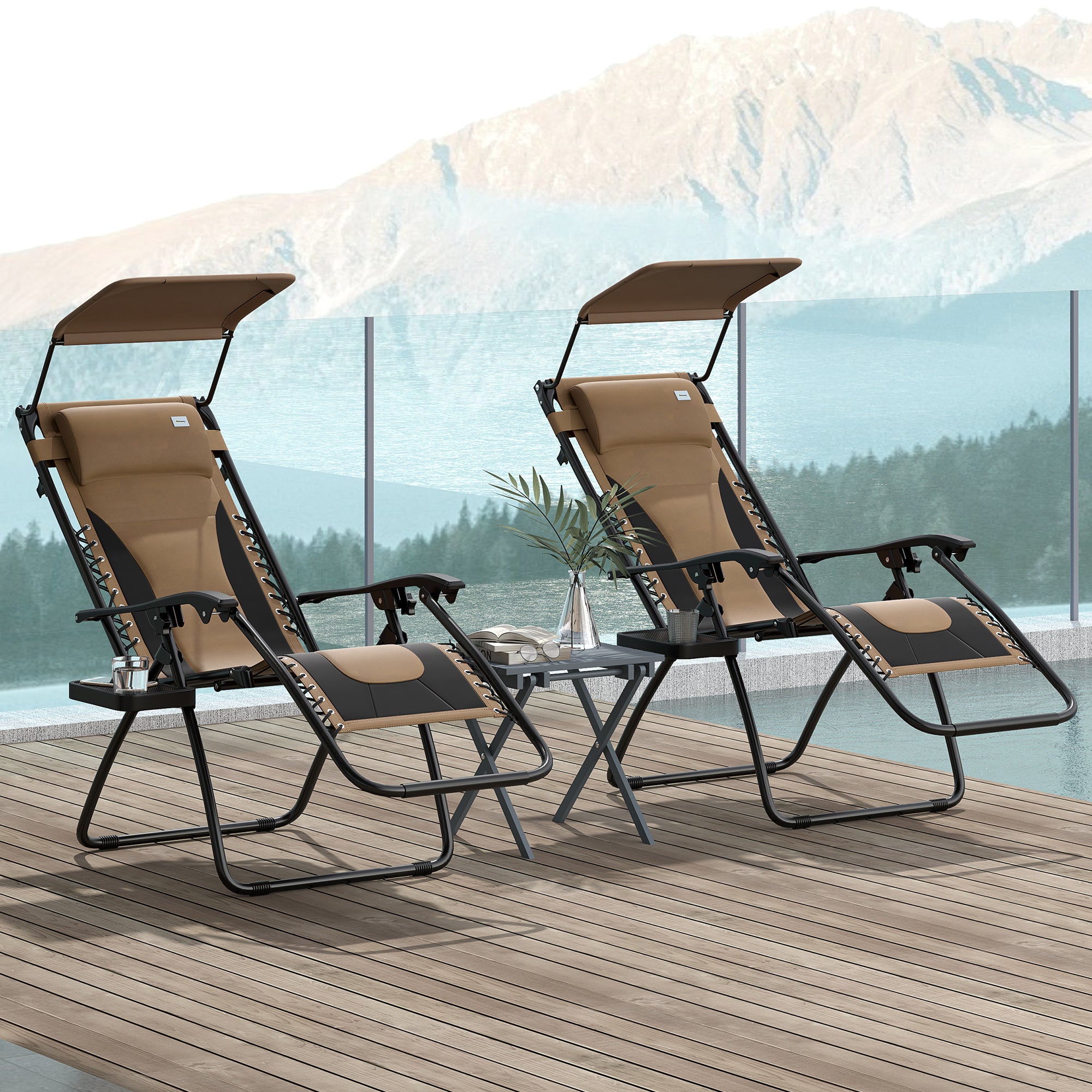 Set of 2 Zero Gravity Lounger Chairs with Cushion, Shade & Tray - Black