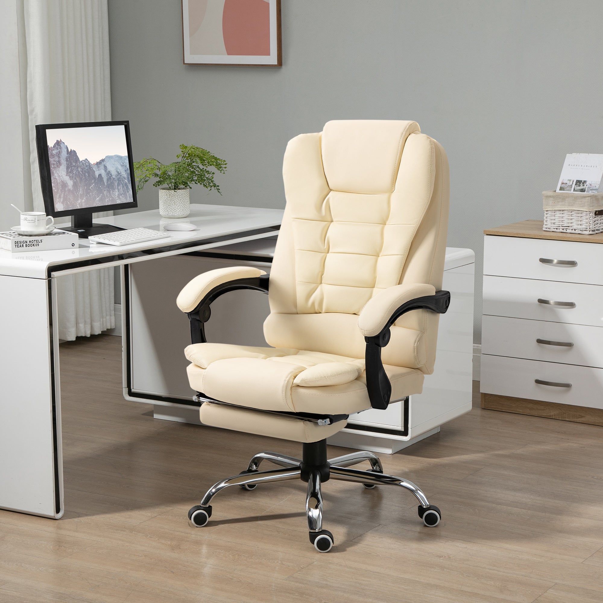 Executive Office Chair, Home Office Chair with Swivel Wheels, Reclining Backrest, Retractable Footrest, Cream White