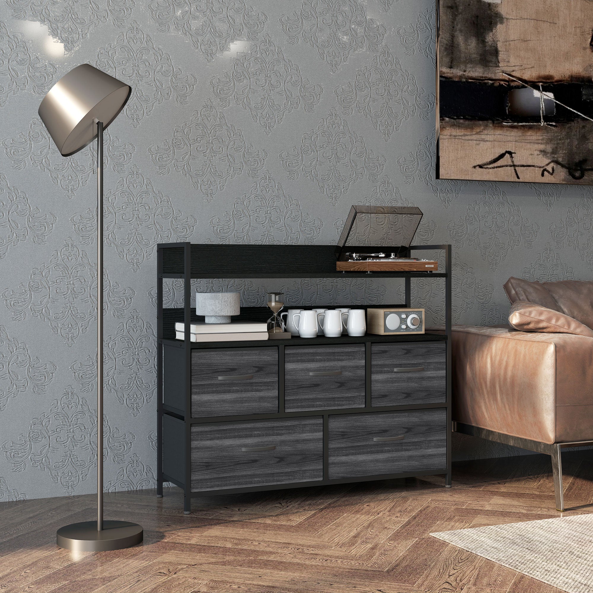 Rustic Chest of Five Fabric Drawers with Shelves - Black