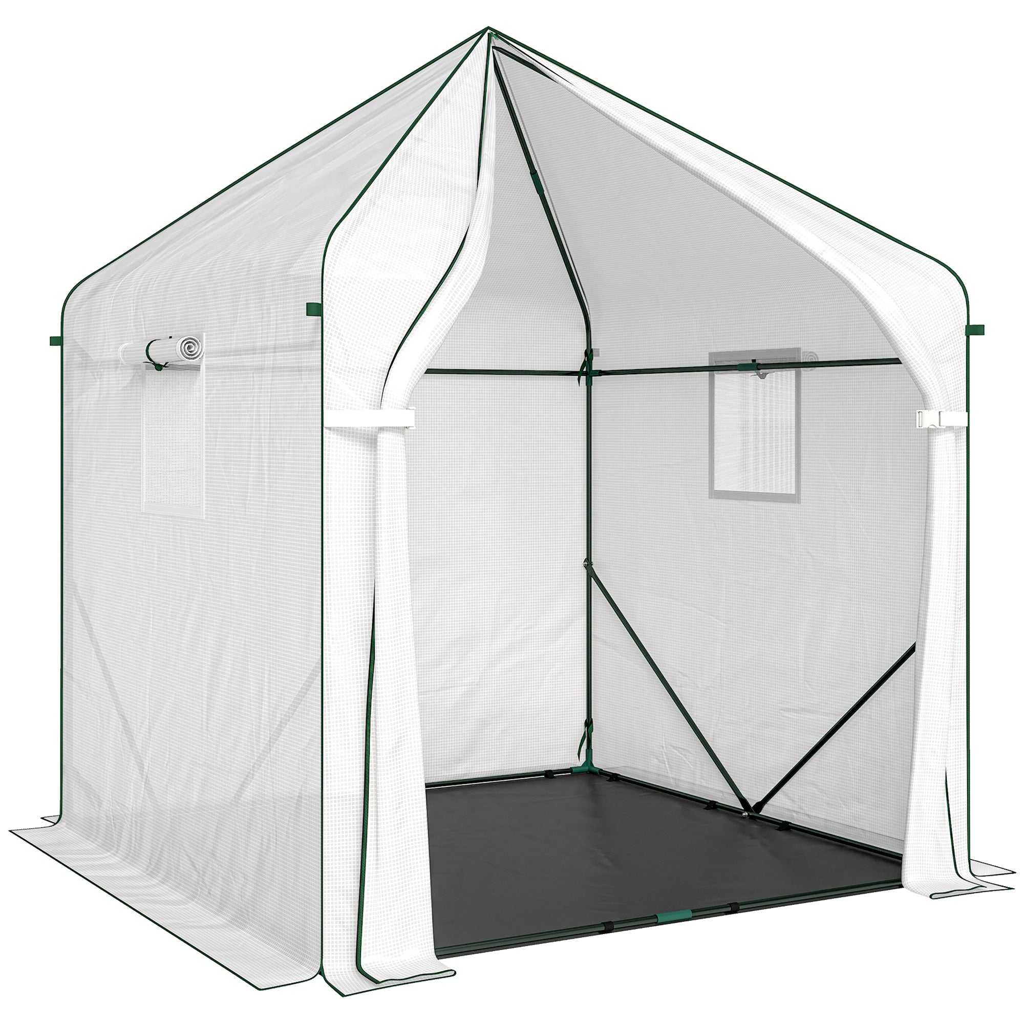 Walk-in Greenhouse for Outdoors with Steel Frame, Large Plant House with Roll-up Door and PE Ground Cover, White
