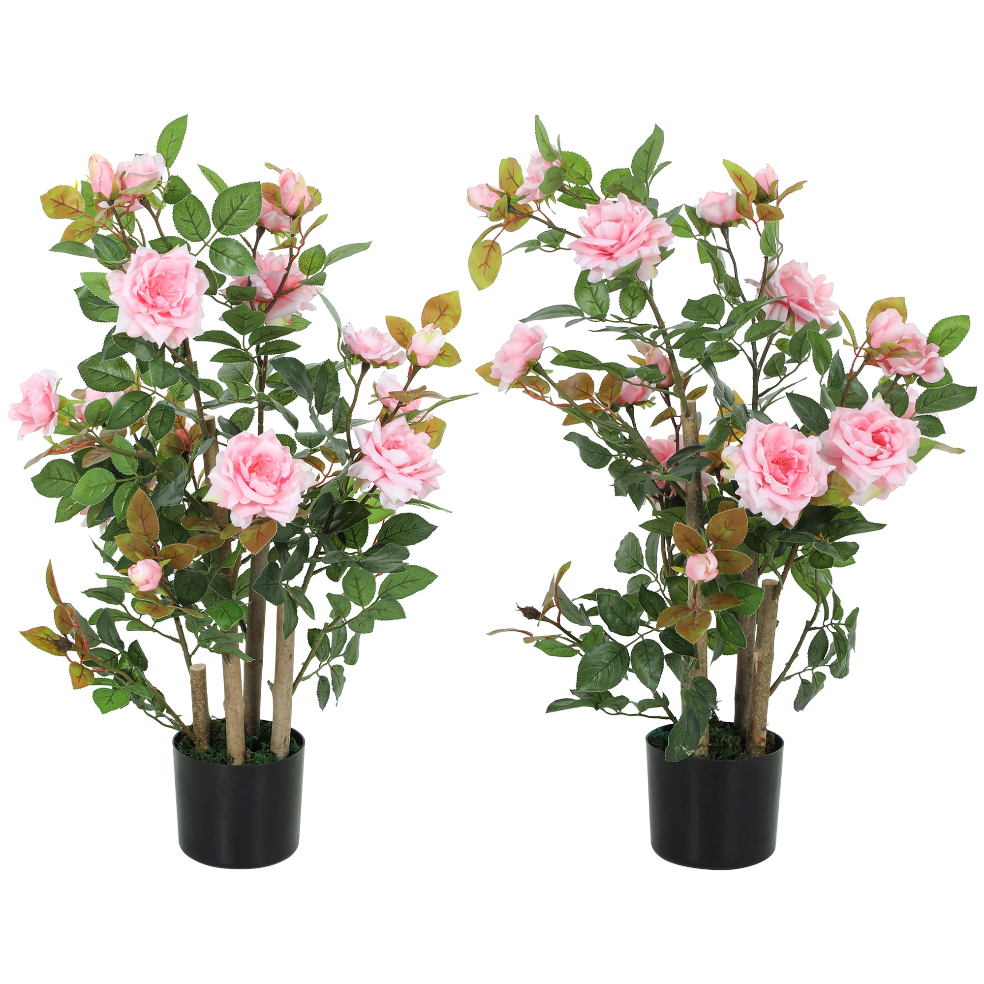 90cm Artificial Rose Tree Set of 2, Decorative Fake Plant with 344 Silk Leaves 17 Flowers for Outdoor Indoor Decor, Pink