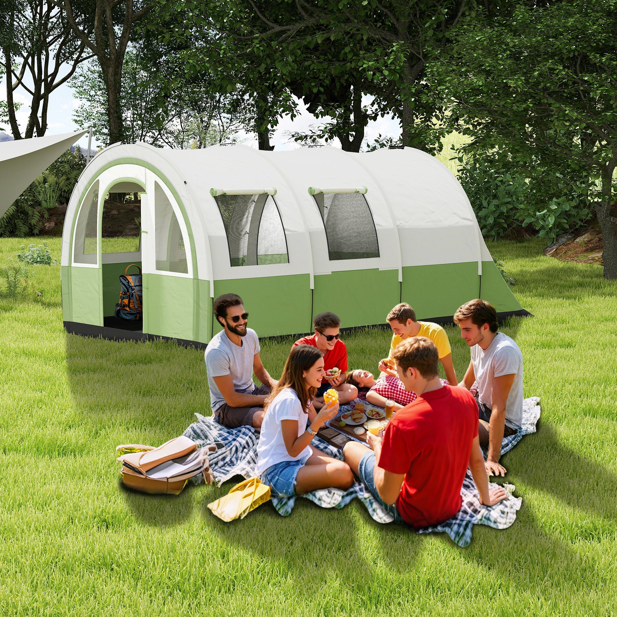 3000mm Waterproof Camping Tent, 5-6 Man Family Tent with Living and Bedroom, Carry Bag Included, Cream and Green