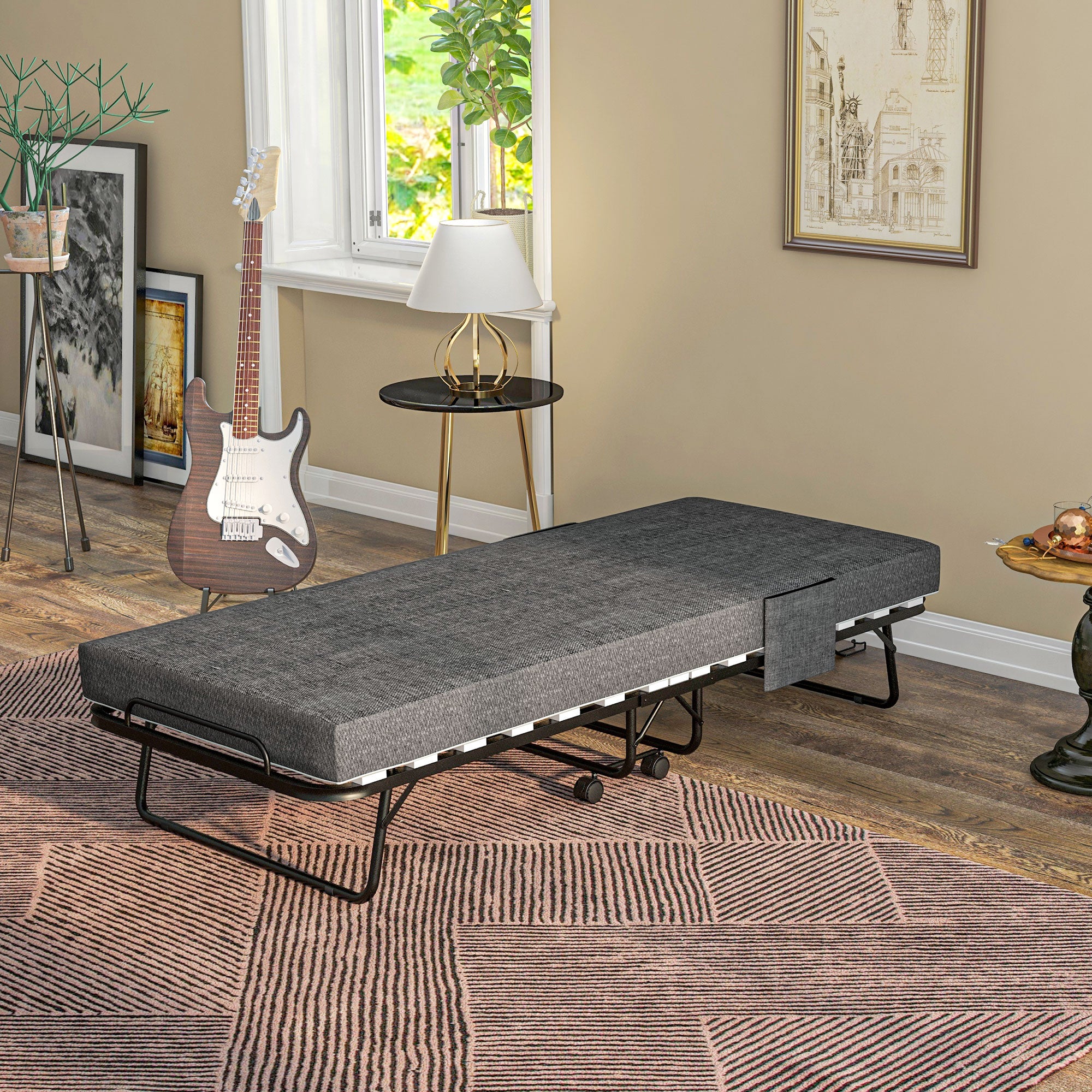 Folding Guest Bed with 10cm Mattress and Side Pockets - Dark Grey