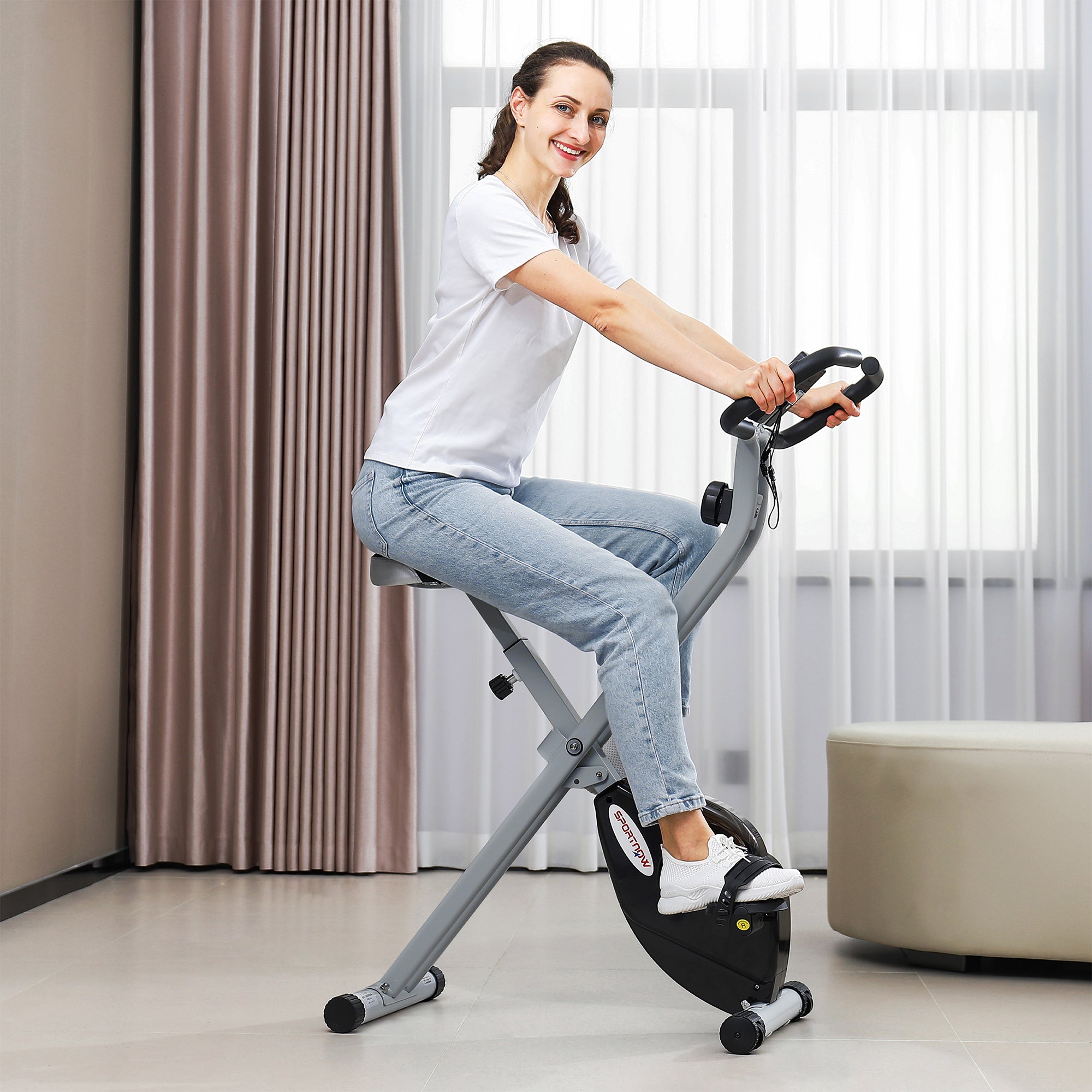 Folding Exercise Bike with 8-Level Magnetic Resistance and Heart Rate Sensor - Black Grey