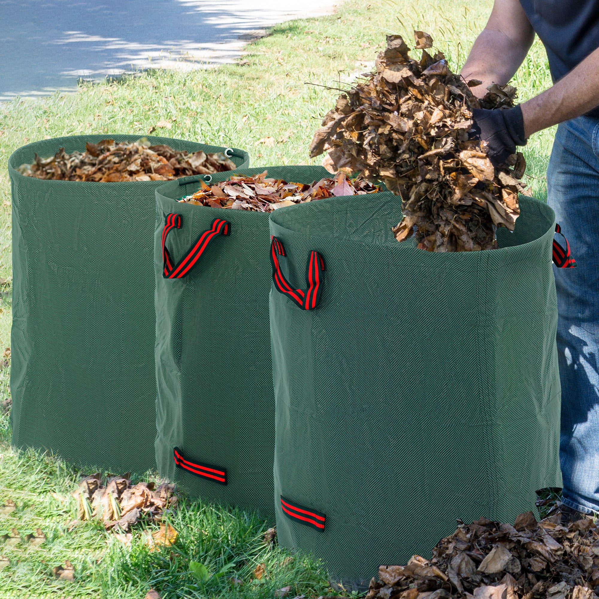 Set of 3 Heavy Duty Garden Waste Bags 300L - Green Foldable with Handles