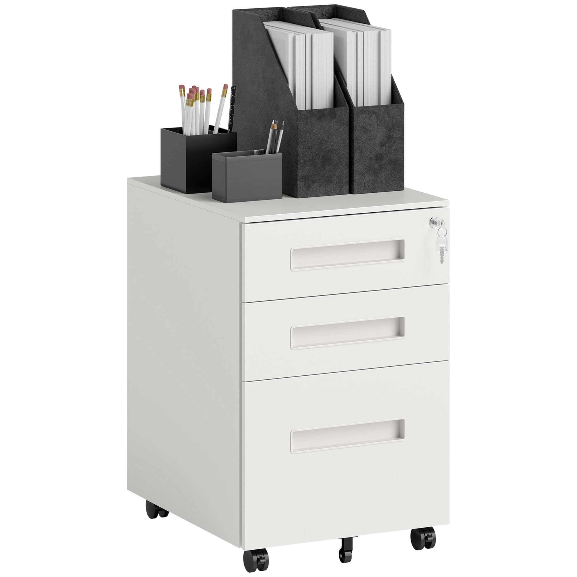 Metal Mobile File Cabinet with Wheels, Lockable 3 Drawer Filing Cabinet for A4, Legal, Letter, Under Desk Storage Unit with Pre-Assembled Body for Home Office, 39 x 48 x 60cm, White