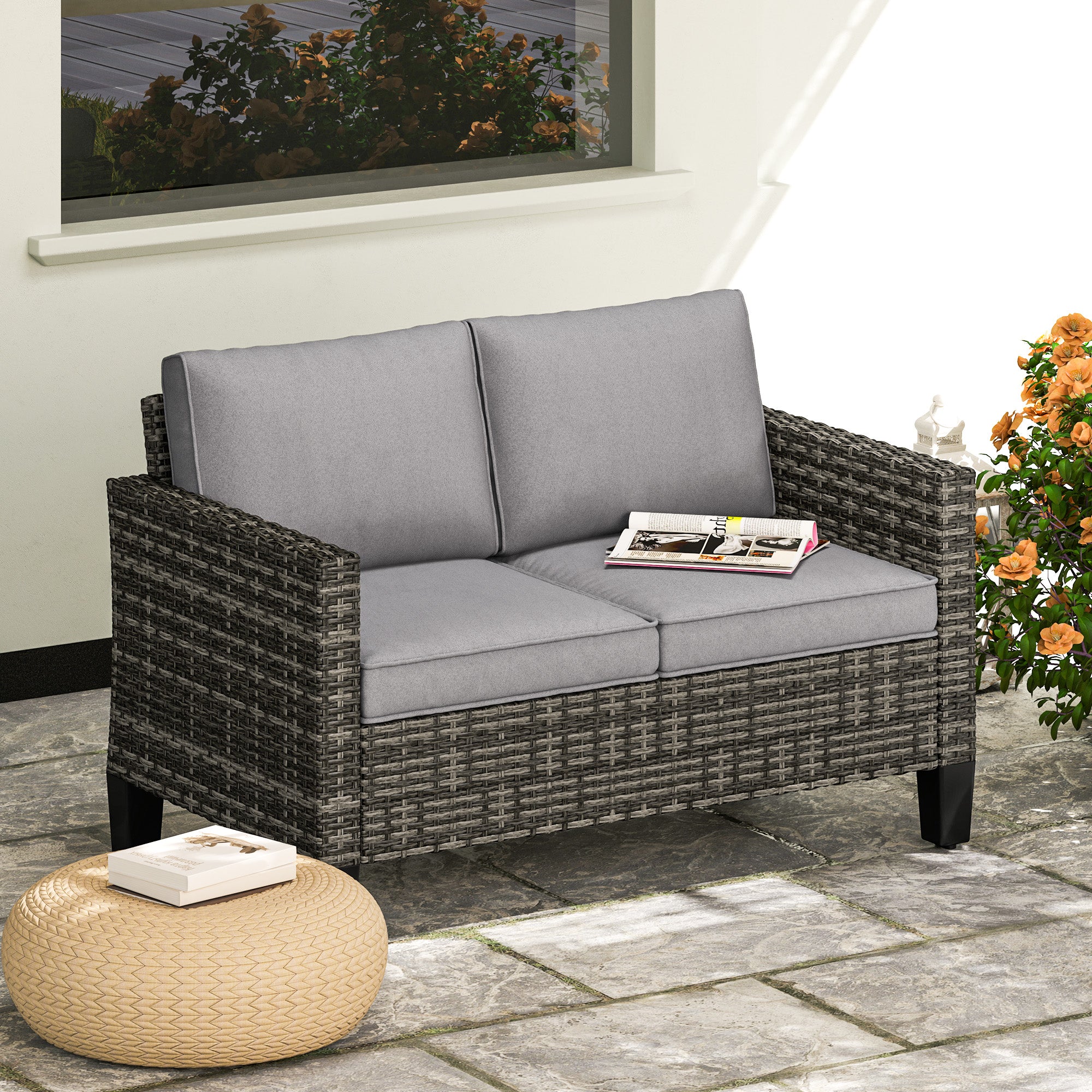 Two-Seater Outdoor Rattan Sofa with Cushions - Dark Grey