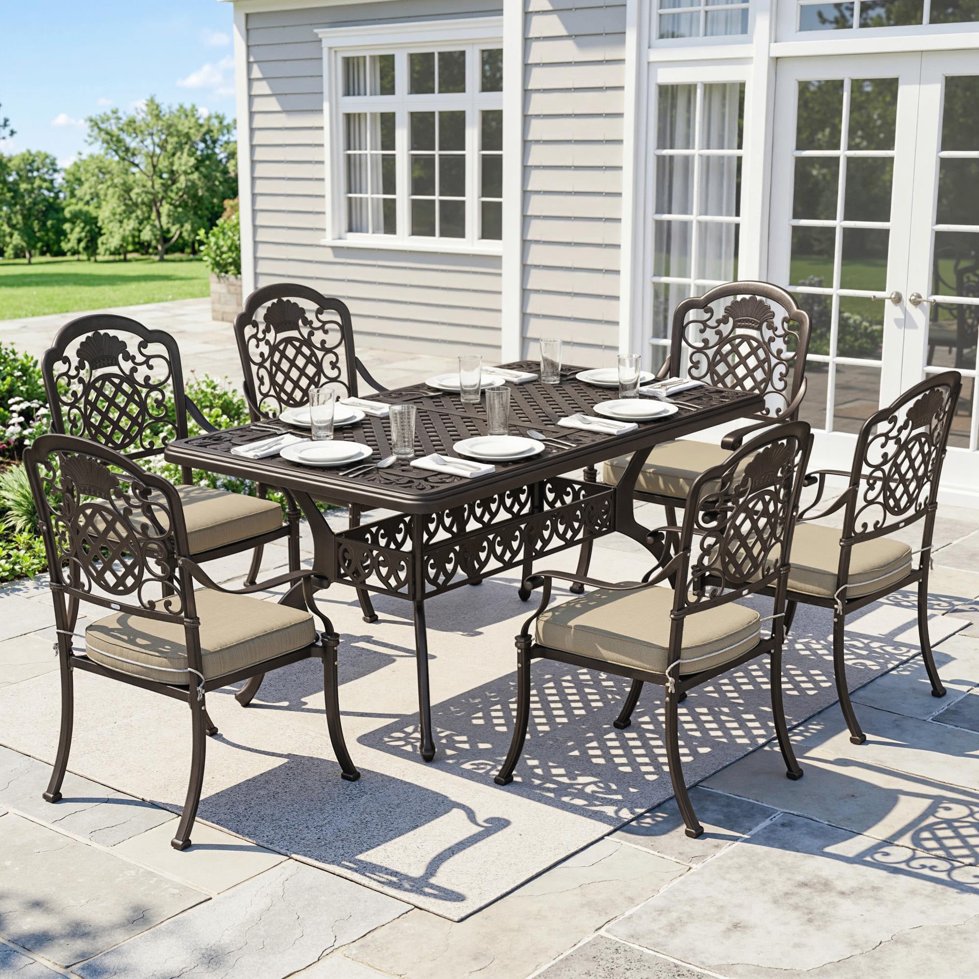 Garden Dining Set for 6, Cast Aluminium Outdoor Table and Chairs Set with Cushions, Parasol Hole for Patio, Bronze Tone