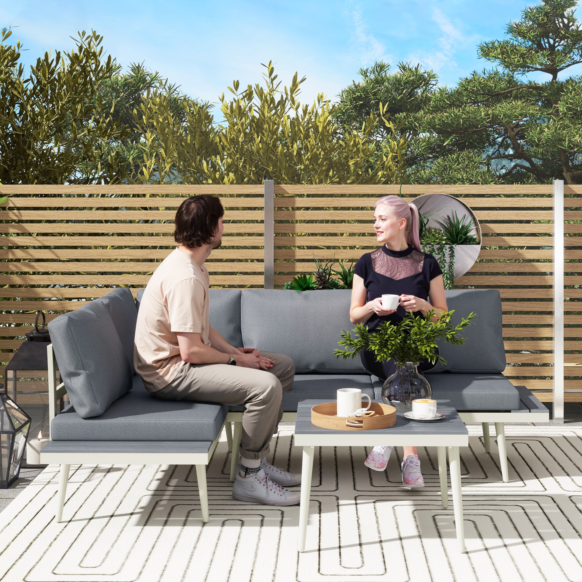 3 Piece Garden Furniture Set with 5-Level Adjustable Lounger & L Shaped Corner Sofa with Cushions - Grey