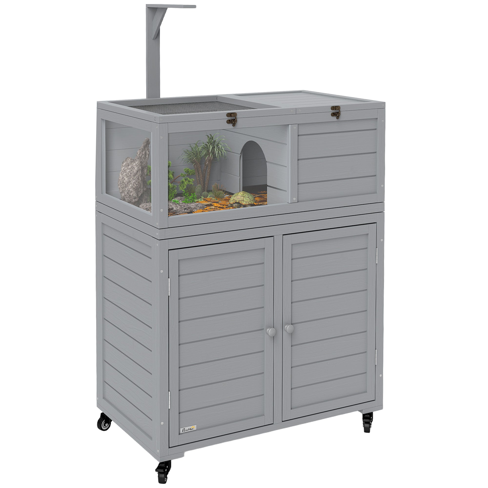 Wooden Tortoise House with Storage Cabinet, Openable Top, Lamp Holder, Transparent Observation Windows, Light Grey
