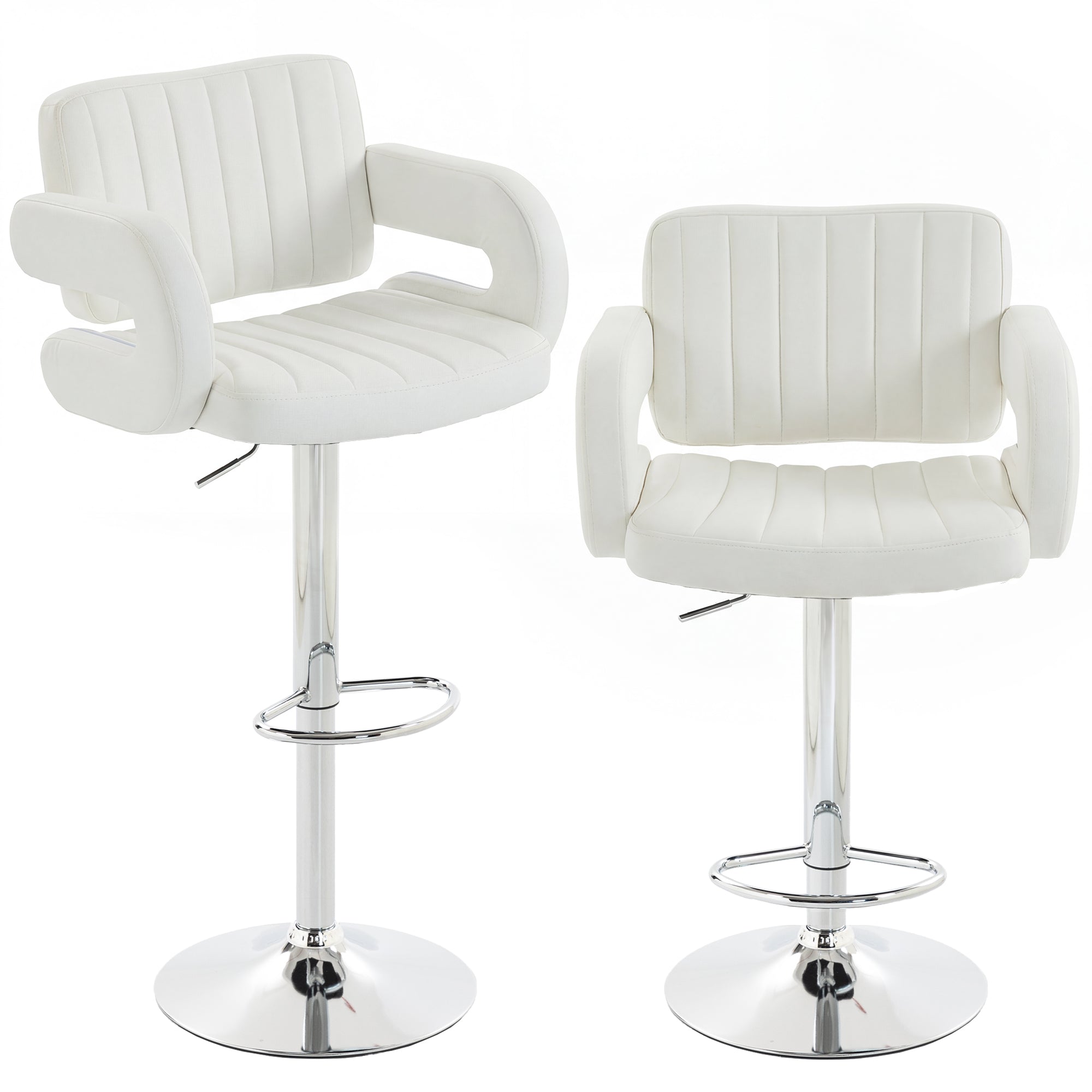 Bar Stools Adjustable Swivel Kitchen Chairs with Backrest Armrest Set of 2 PU Leather White